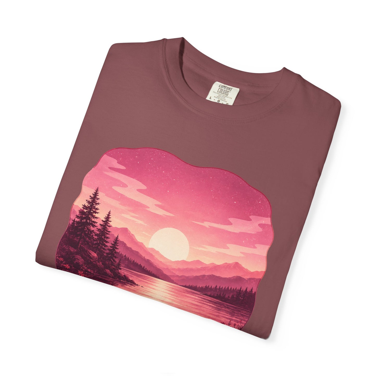 Feminine Lakescape Sunset T-shirt — Pink Outdoor Hiking & Camping Tee