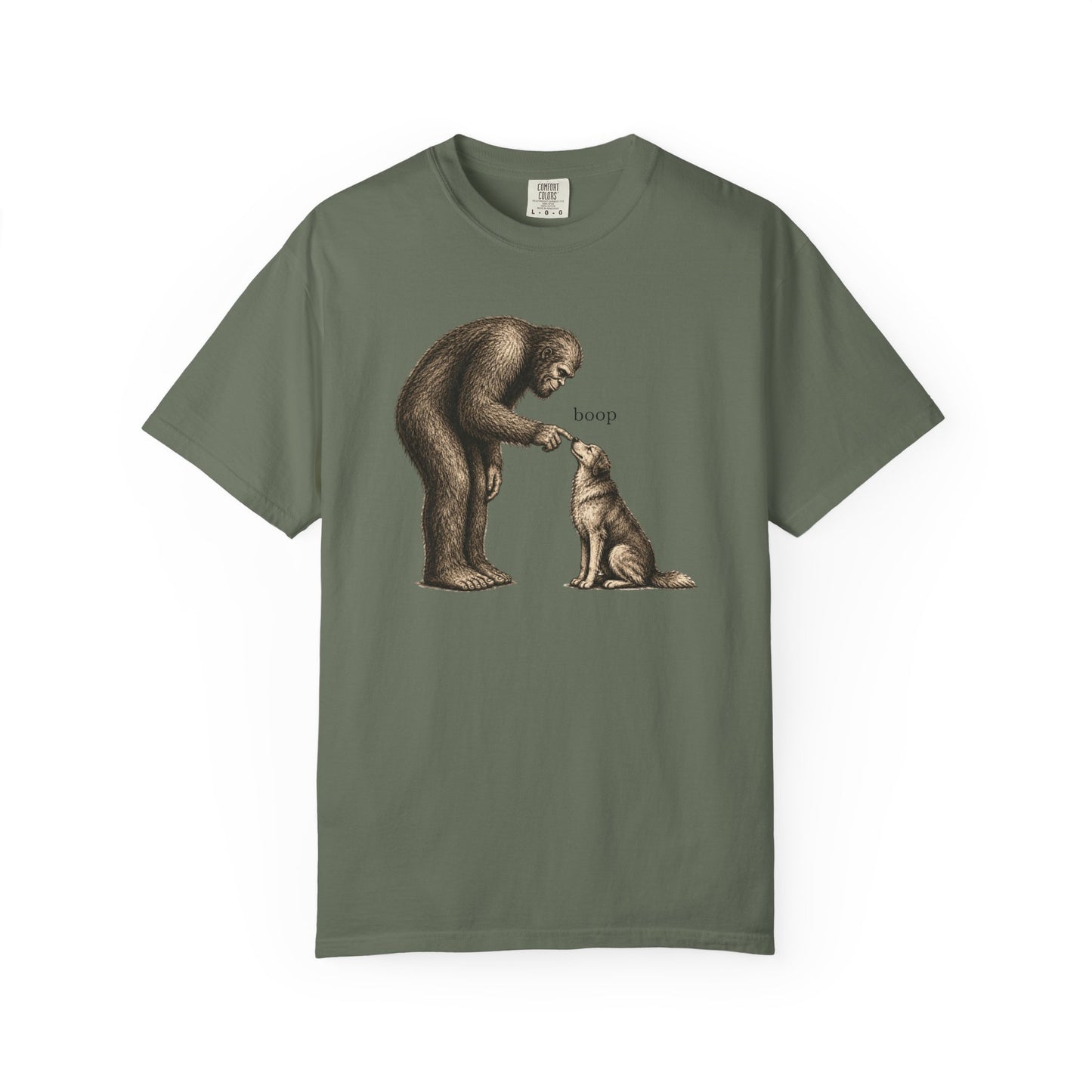 Bigfoot Booping Dog T-Shirt — Funny Sasquatch Tee for Dog Lovers