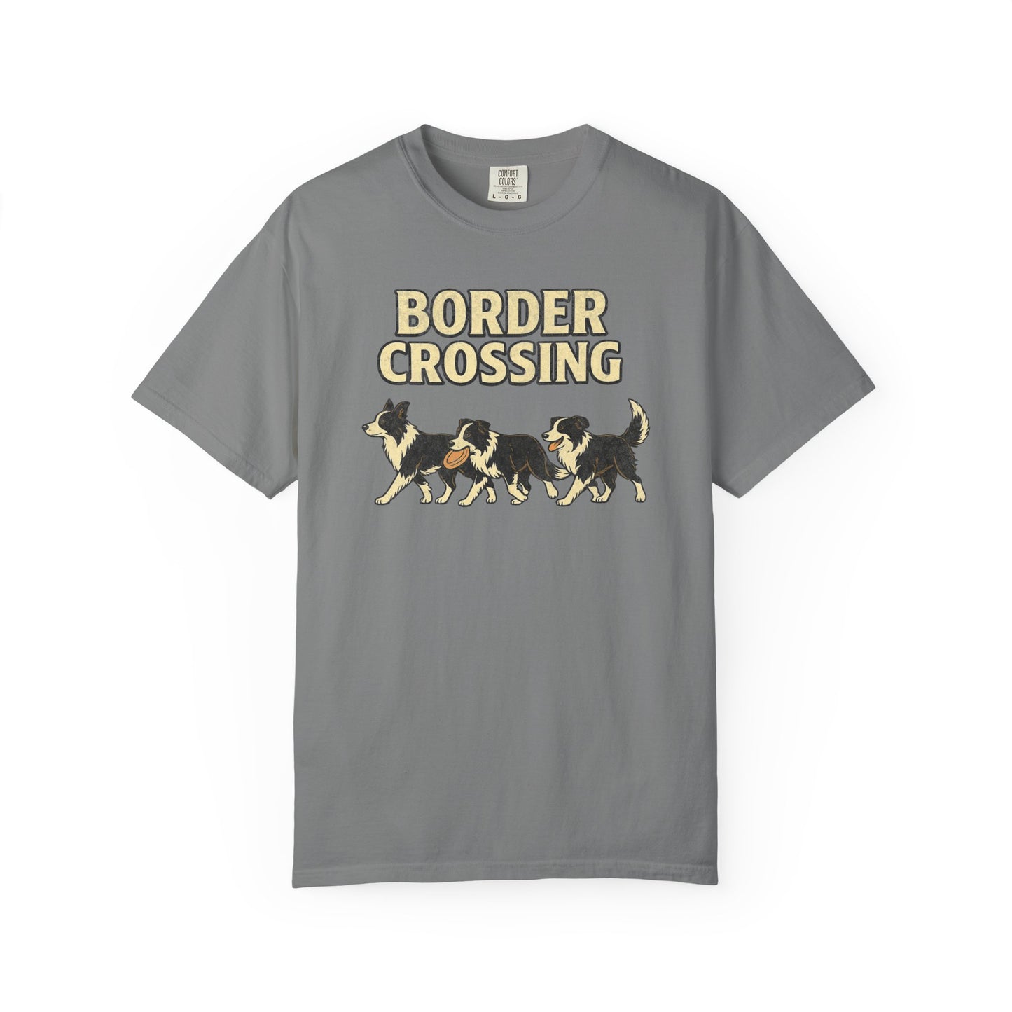 Vintage Graphic Border Collie 'Border Crossing' T-Shirt, Funny Gift for Border Collie and Dog Lovers