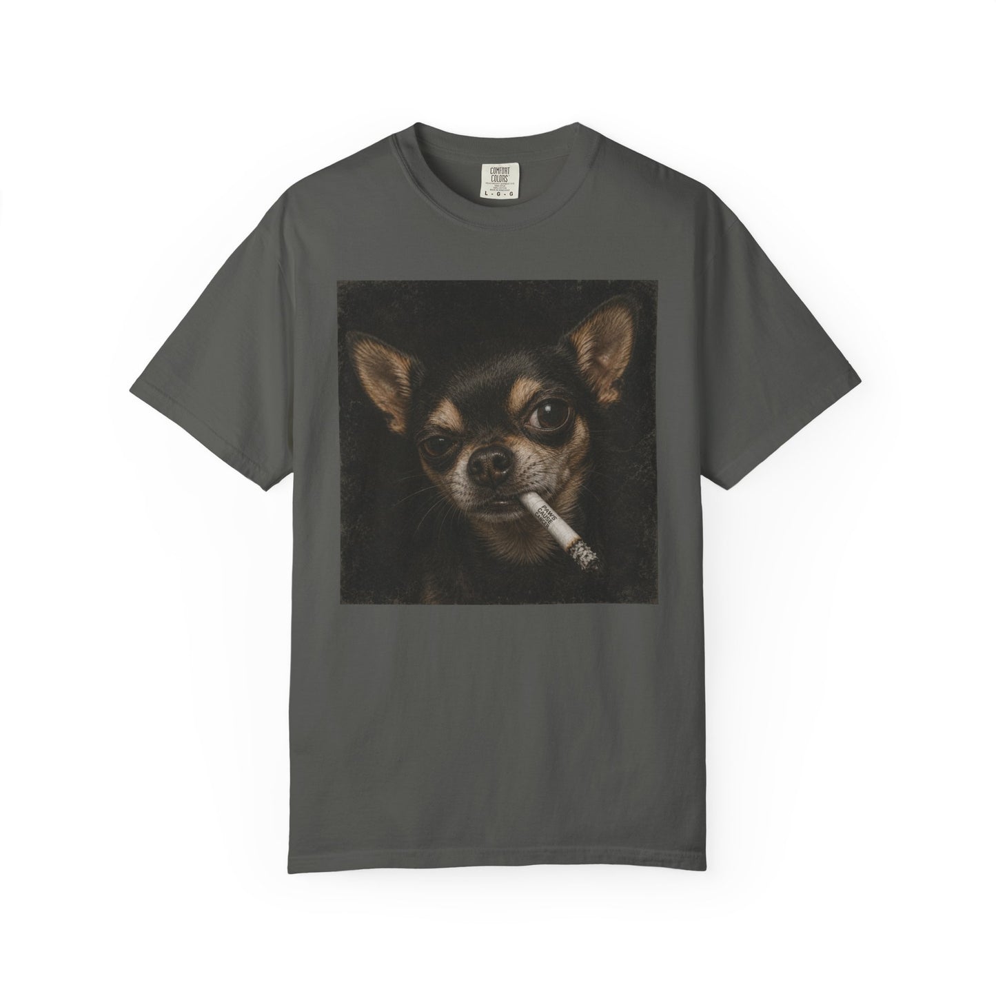Tough Side-Eye Chihuahua T-Shirt — Distressed Photo Realistic ’Paws Cause Cancer’ Design