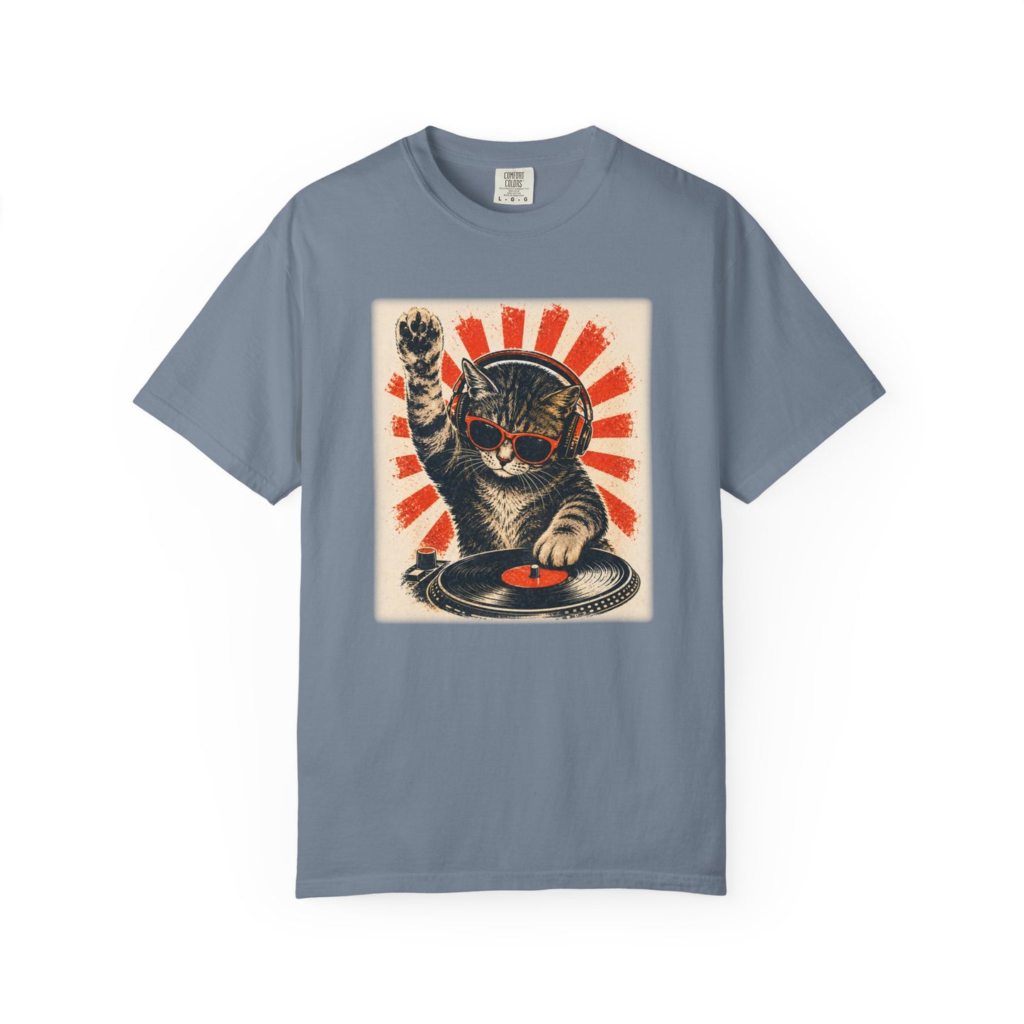 Retro DJ Cat T-Shirt — Vintage Sunburst Distressed Poster Design