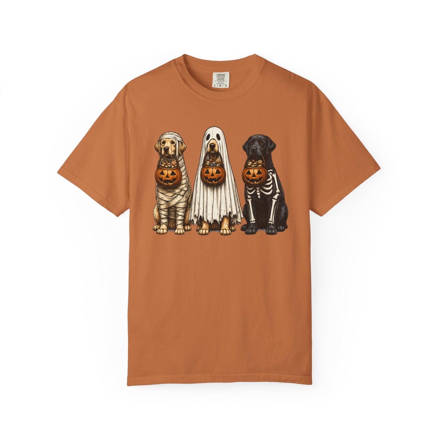 Halloween Dogs T-Shirt — Puppies in Costumes with Jack-O'-Lantern Candy Buckets