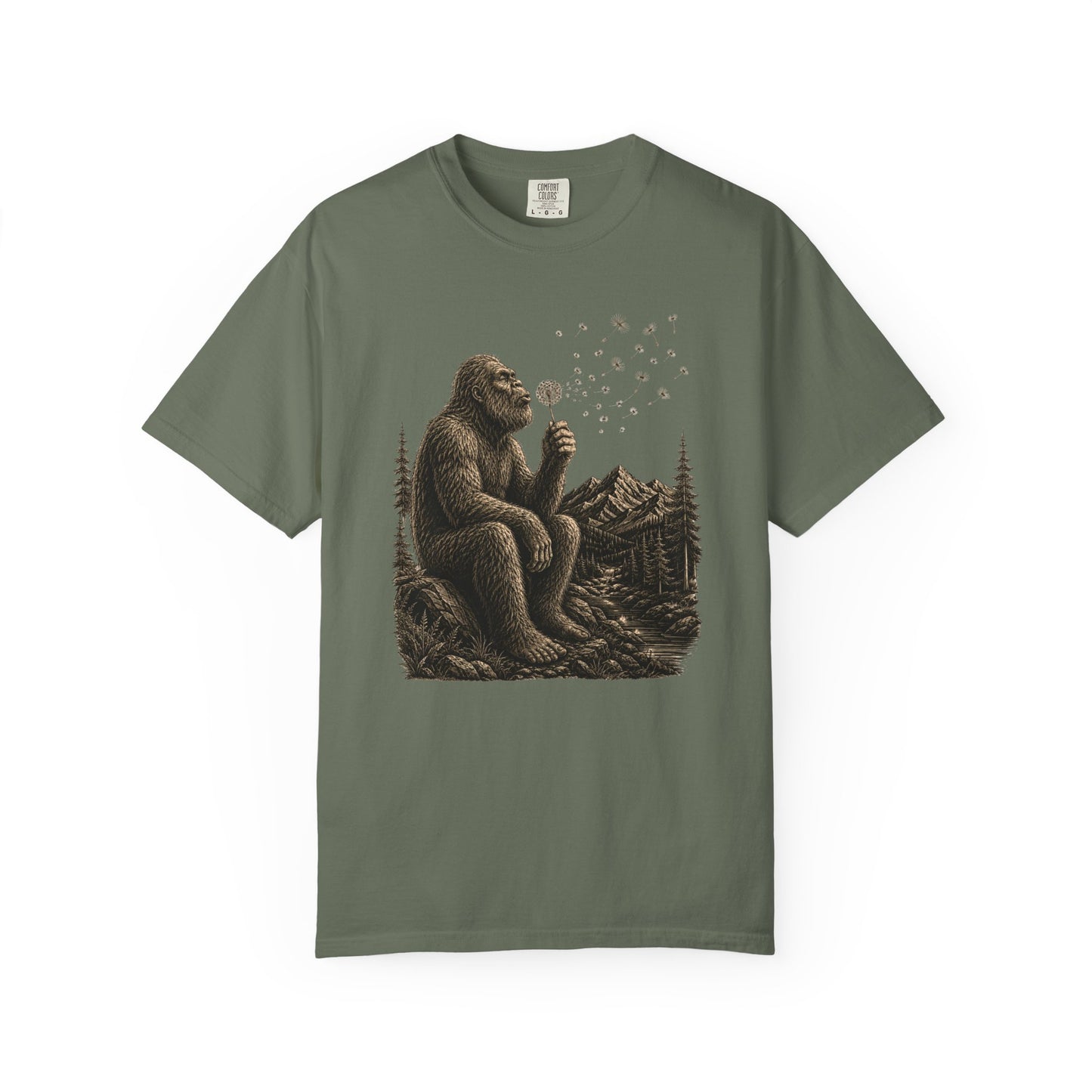 Bigfoot Dandelion T-Shirt, Peaceful Sasquatch Nature Woodland Graphic Tee