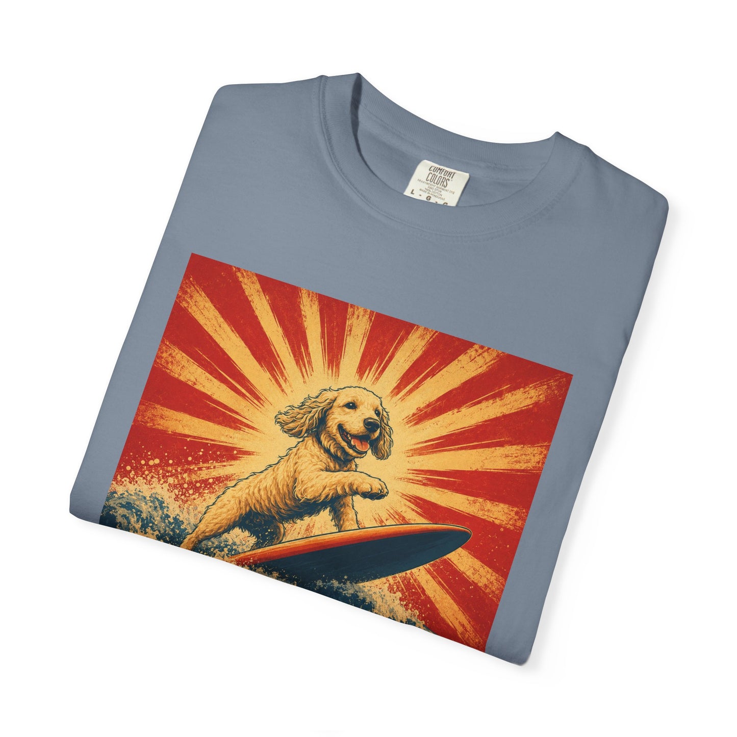 Retro Surfing Doodle Dog T-Shirt | Vintage Beach Dog Graphic Tee | Funny Coastal Summer Shirt
