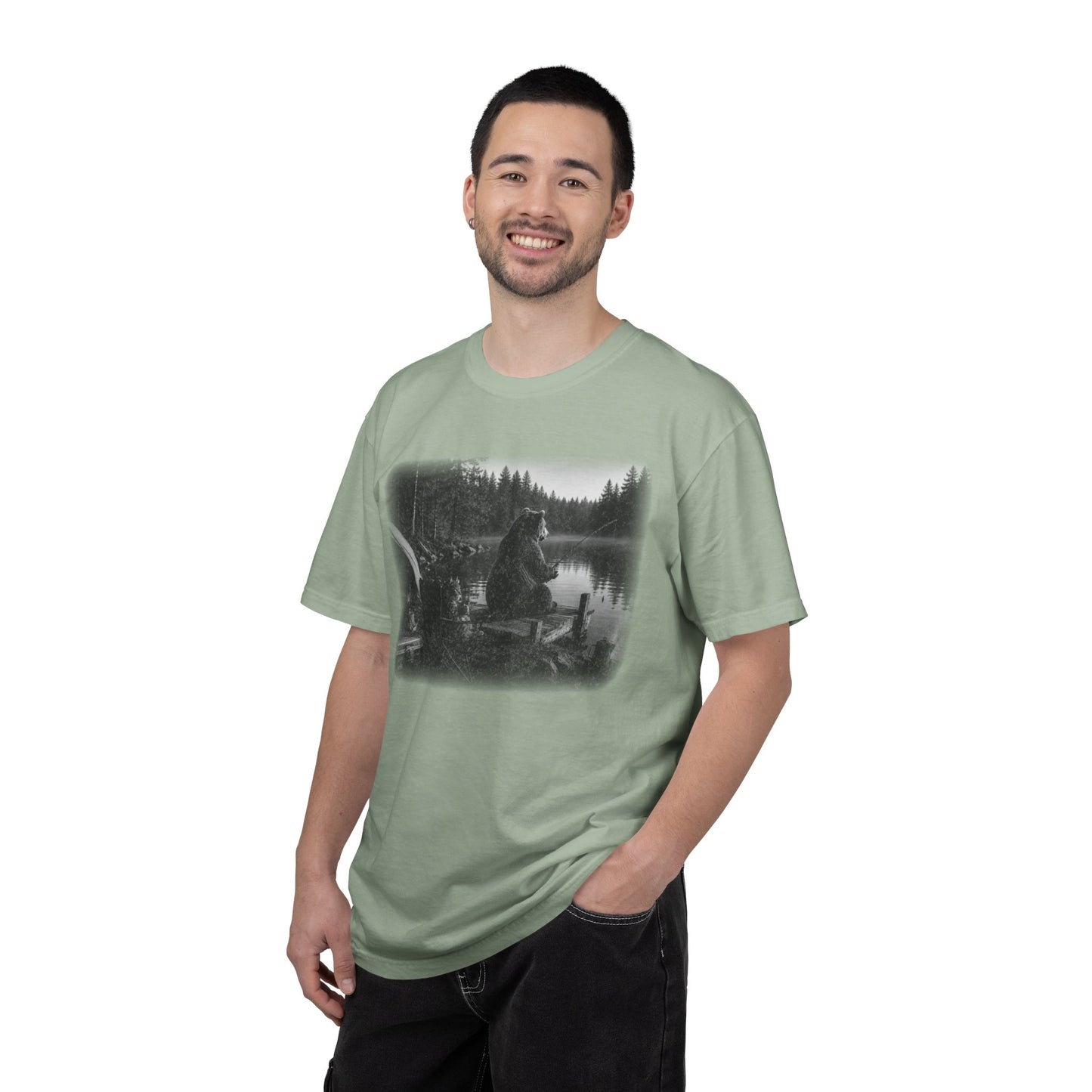Bear and Cat Camping Shirt | Cozy Lake Fishing Graphic Tee