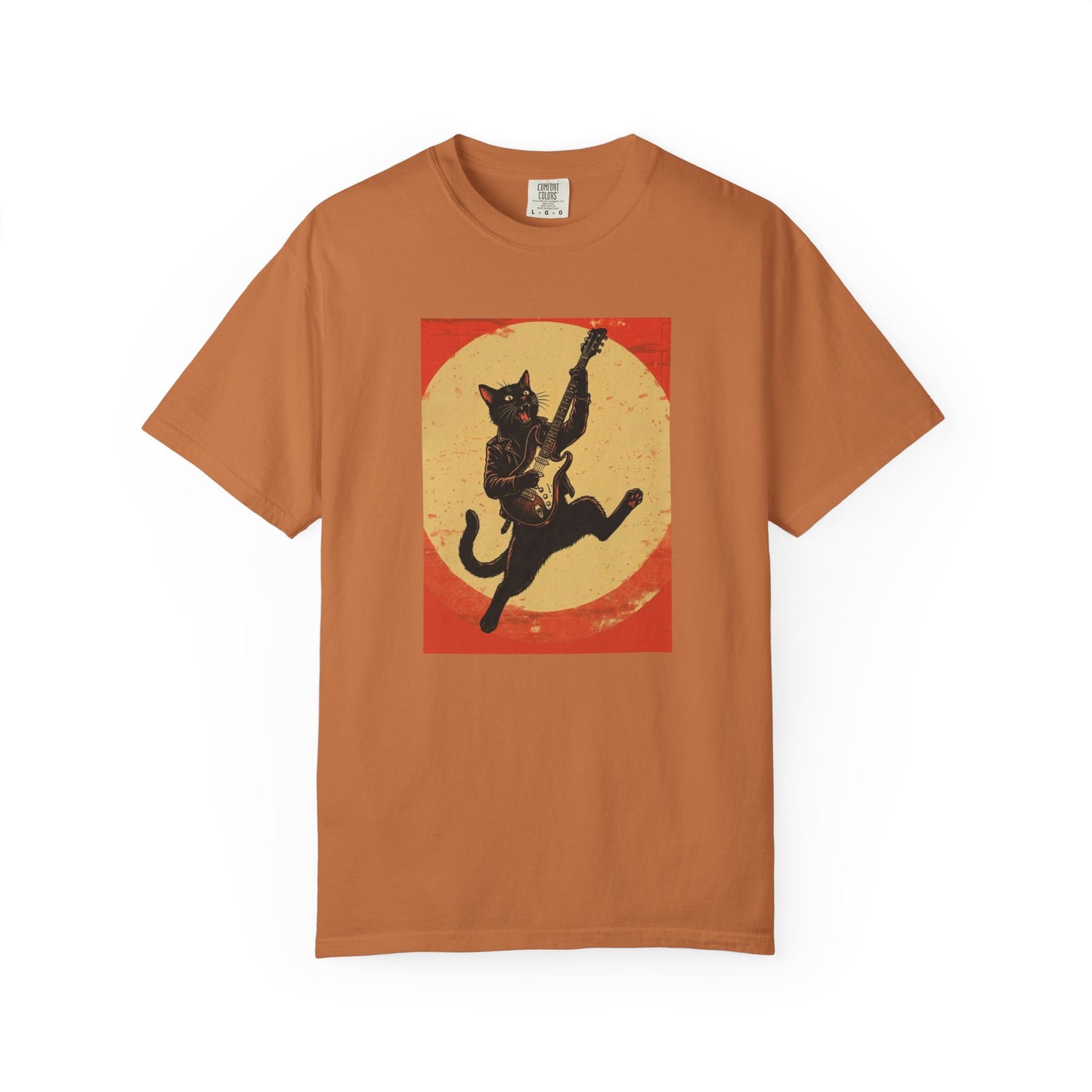 Retro Distressed Black Cat Rocker T-Shirt — Jumping Guitar Vintage Tee