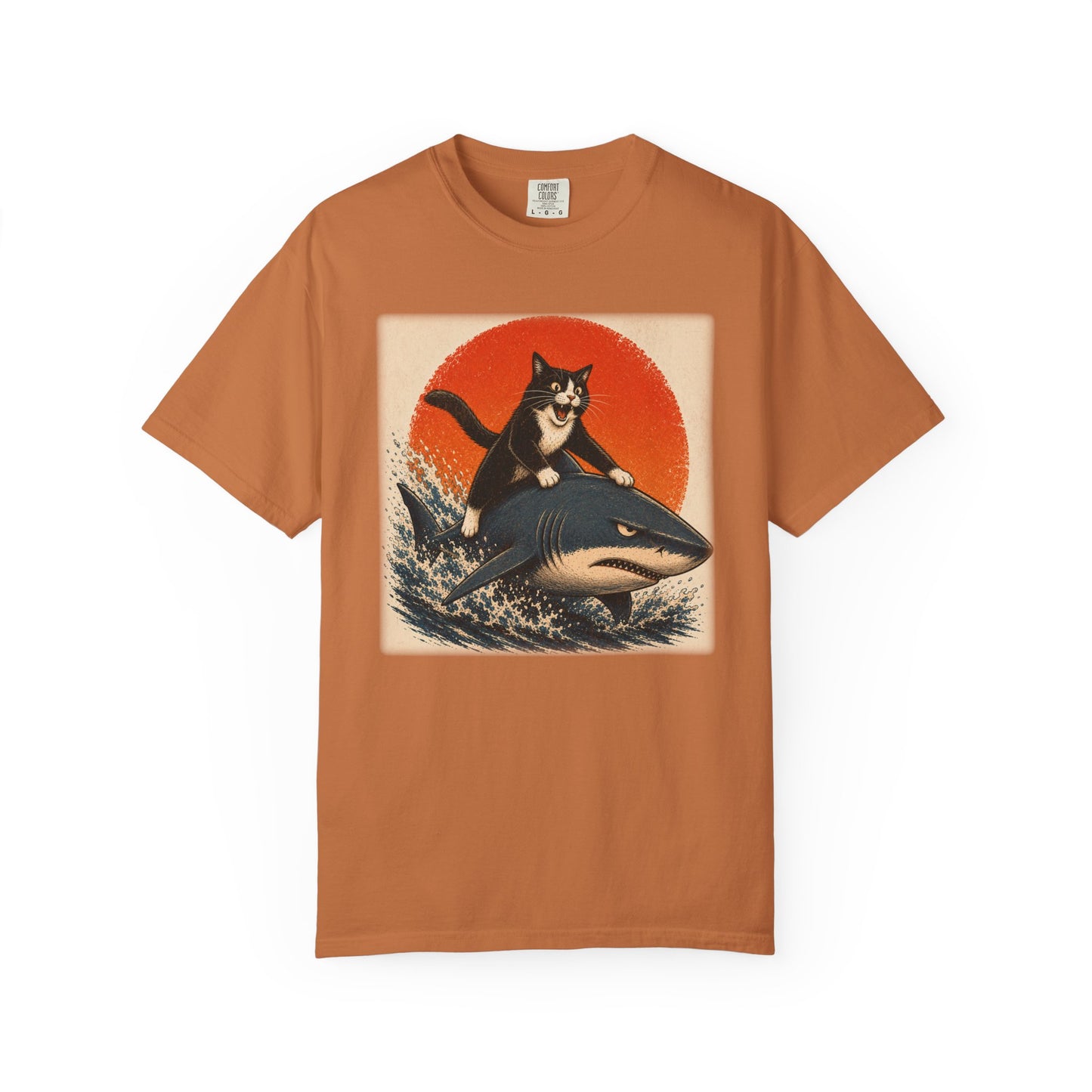 Retro Distressed Cat Riding Shark T-Shirt — Vintage Joyful Cat Surf Design