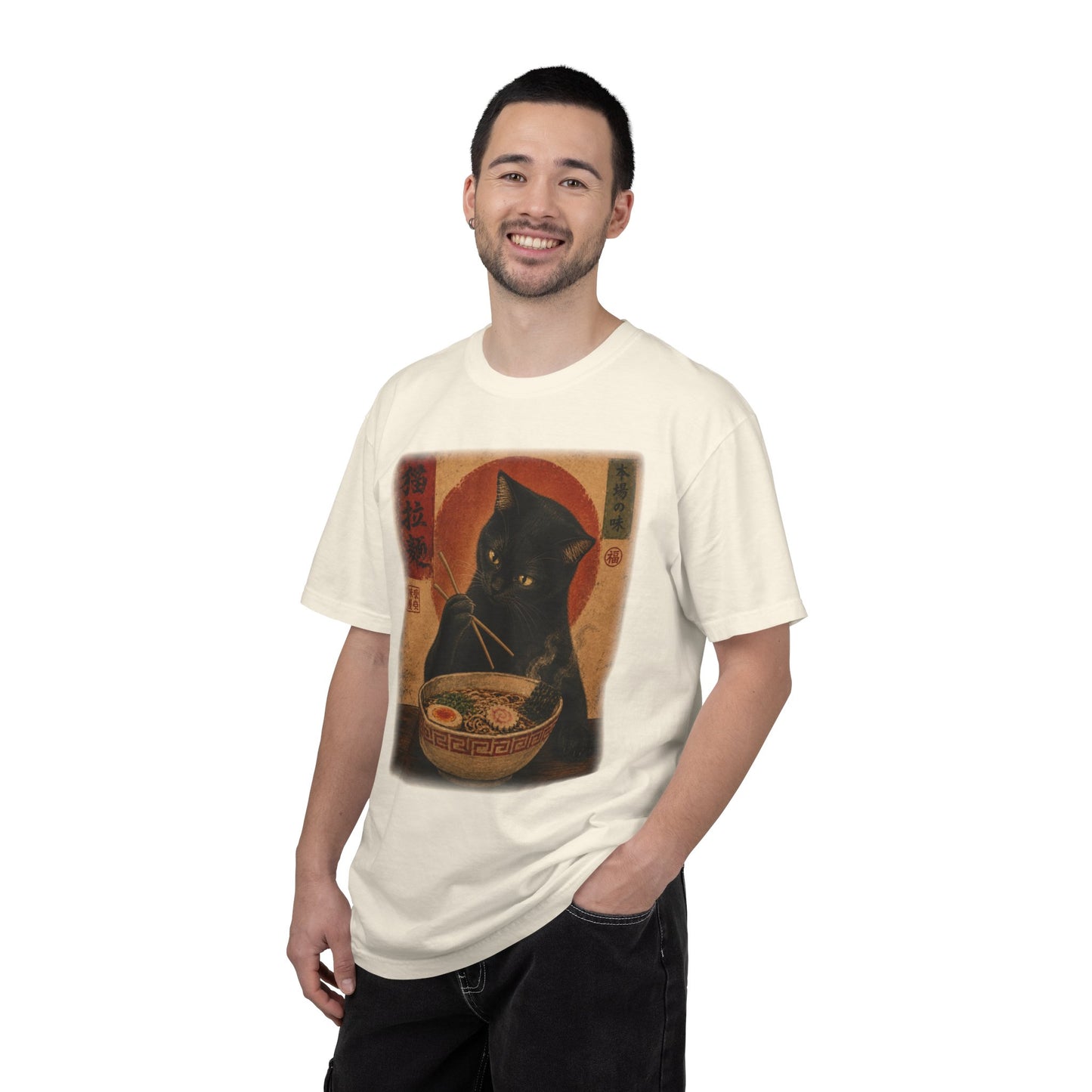 Vintage Ramen Cat Shirt | Black Cat Eating Noodles Graphic Tee | Japanese-Inspired Cat Lover Comfort Colors® T-Shirt