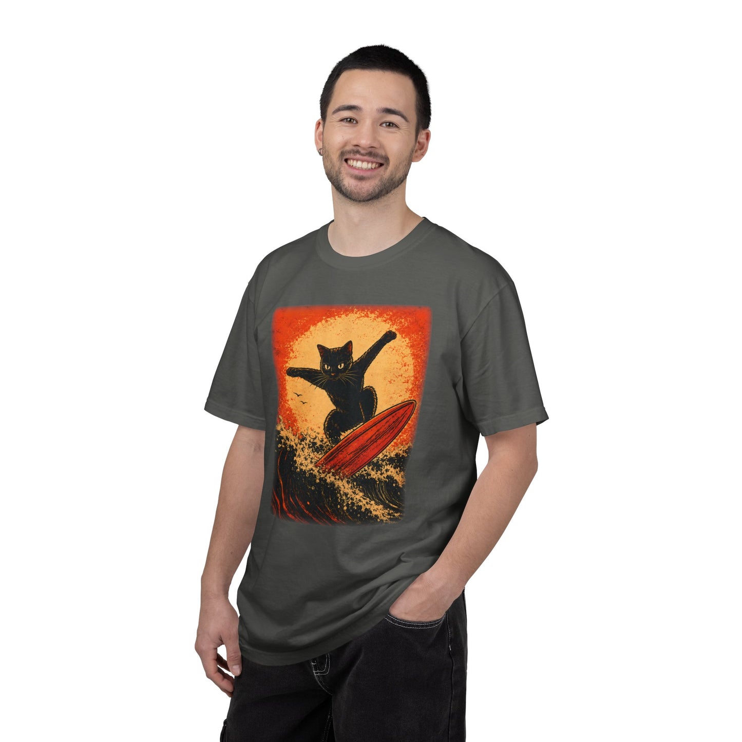 Retro Black Cat Surfing T-Shirt — Vintage Surf Poster Tee