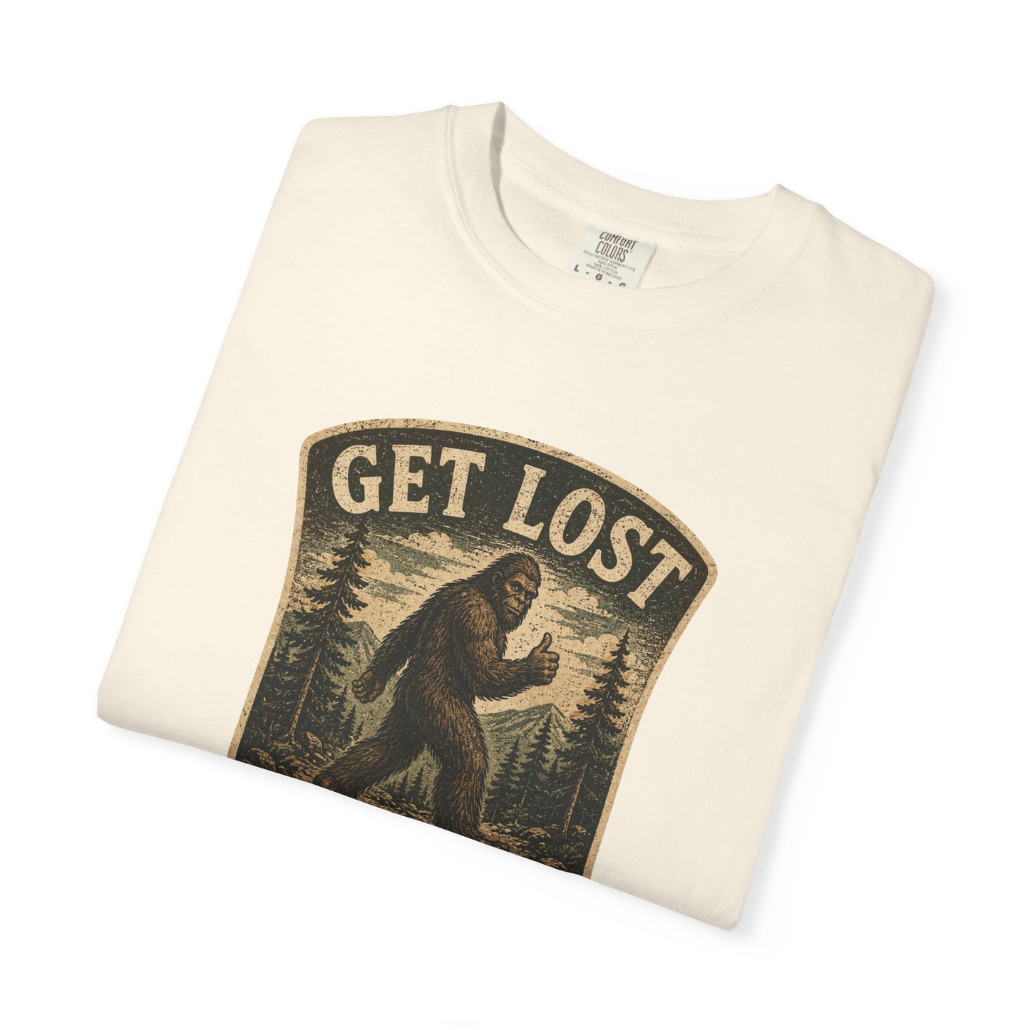 GET LOST Bigfoot Vintage Badge T-shirt — Retro Camping & Hiking Tee