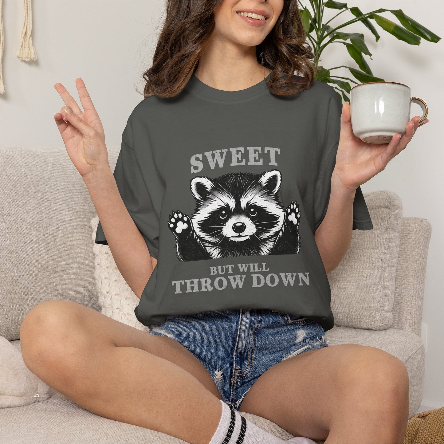 Funny Raccoon Tee — "Sweet, But Will Throw Down"