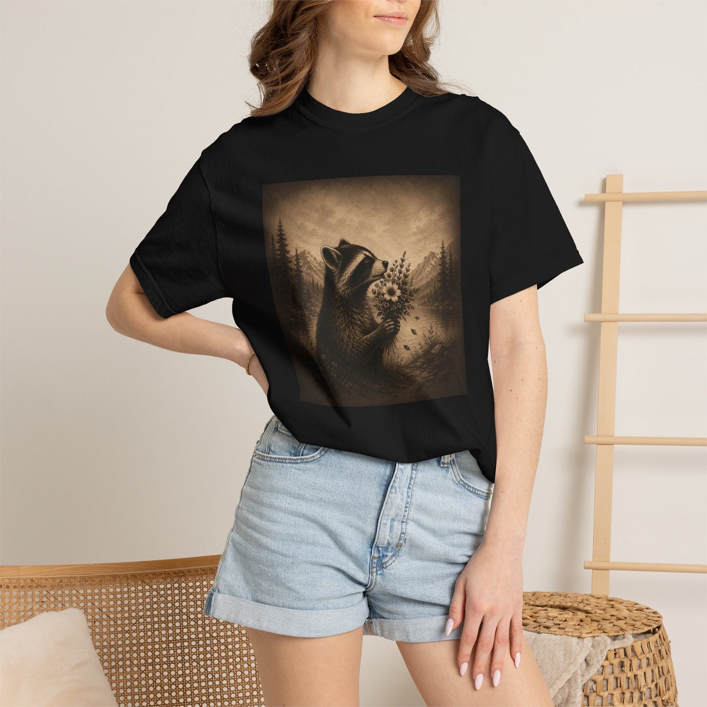 Raccoon with Roses Vintage T-Shirt — Moody Distressed Art