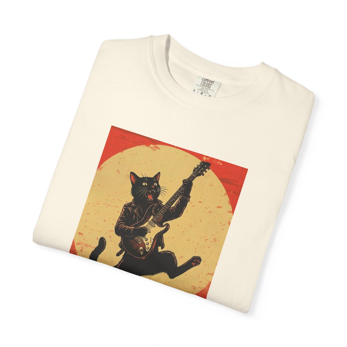 Retro Distressed Black Cat Rocker T-Shirt — Jumping Guitar Vintage Tee