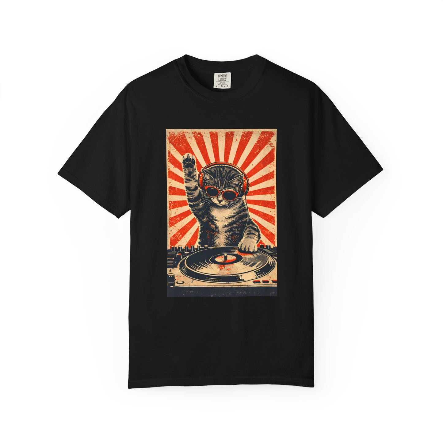 Retro DJ Cat T-Shirt — Vintage Sunburst Distressed Poster Design