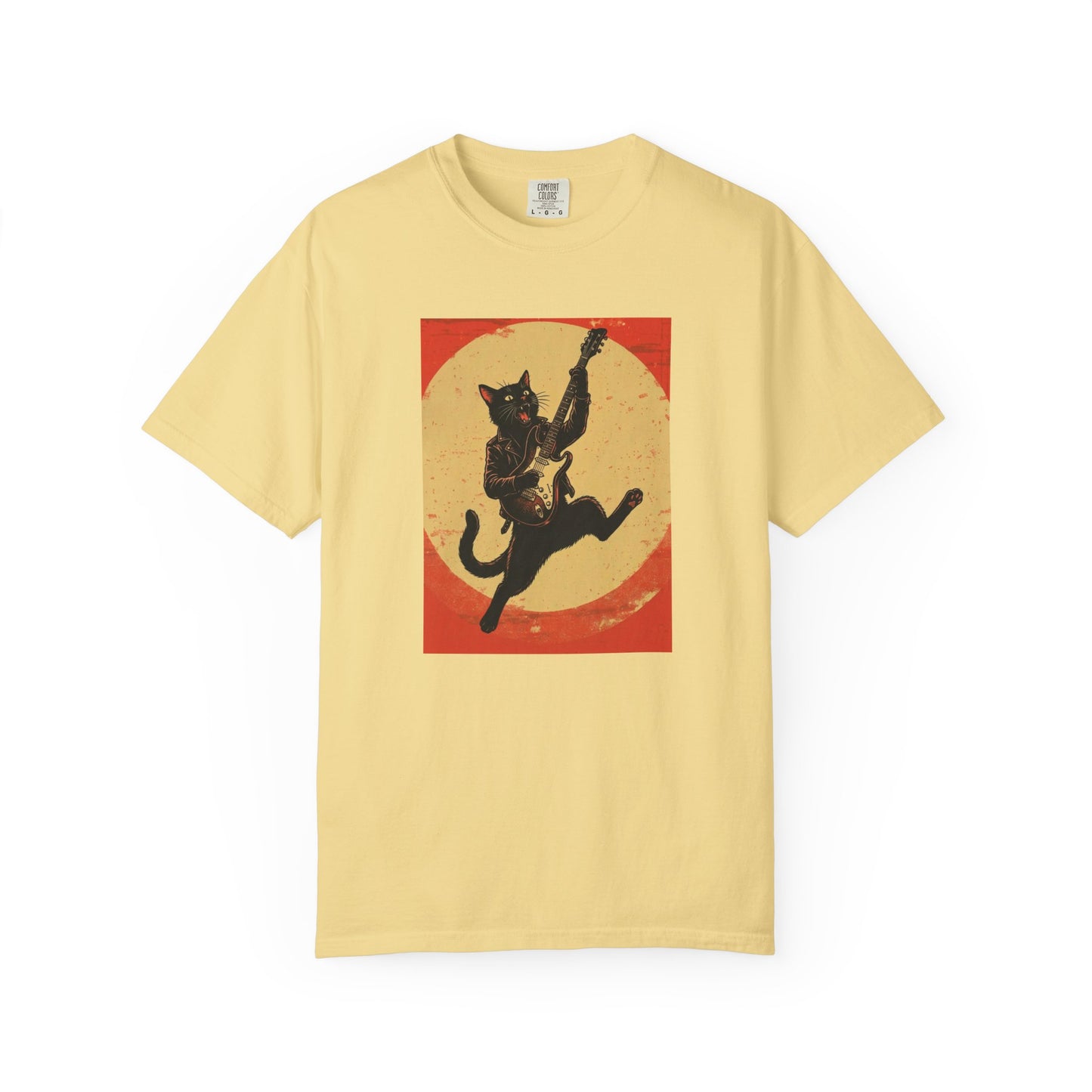 Retro Distressed Black Cat Rocker T-Shirt — Jumping Guitar Vintage Tee