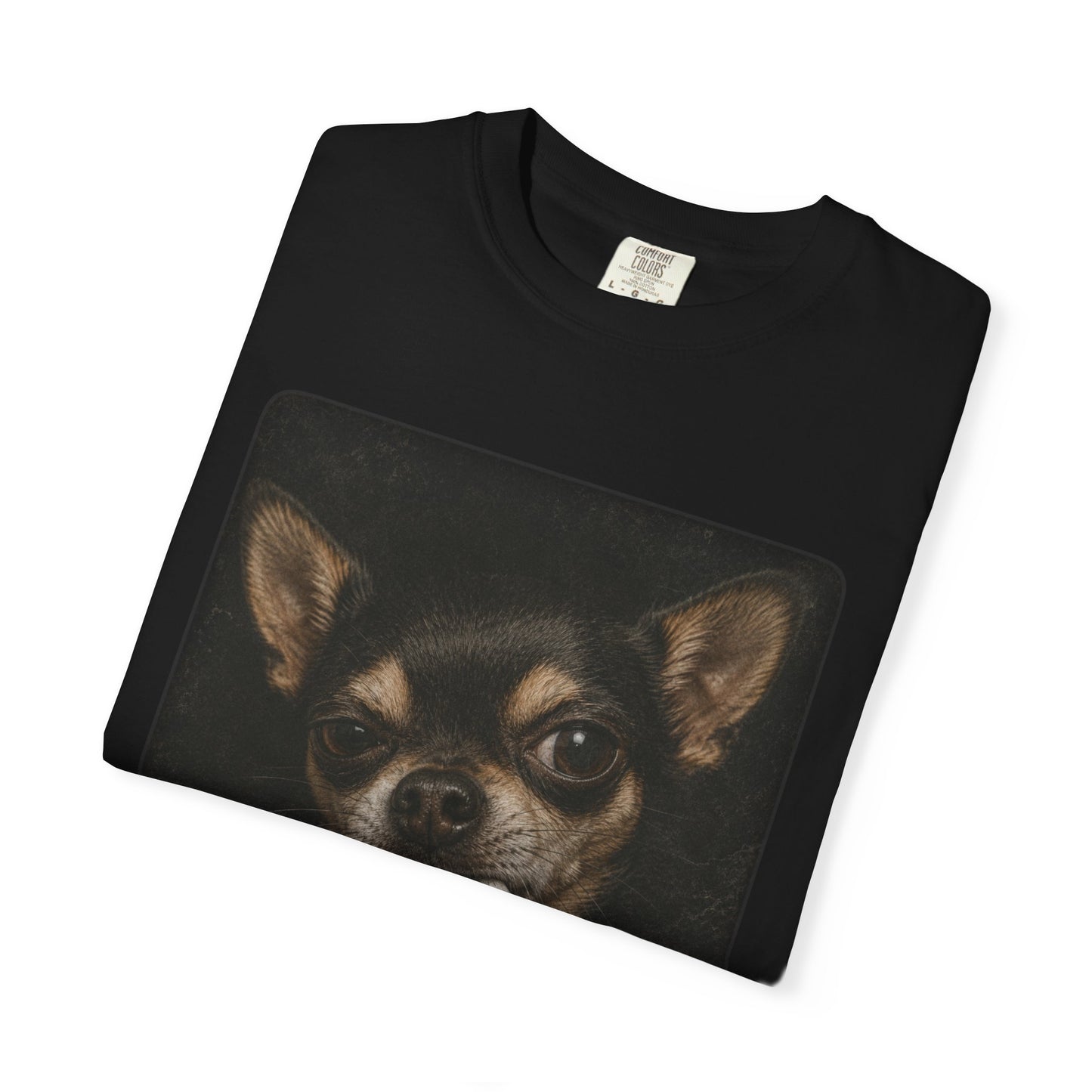 Tough Side-Eye Chihuahua T-Shirt — Distressed Photo Realistic ’Paws Cause Cancer’ Design