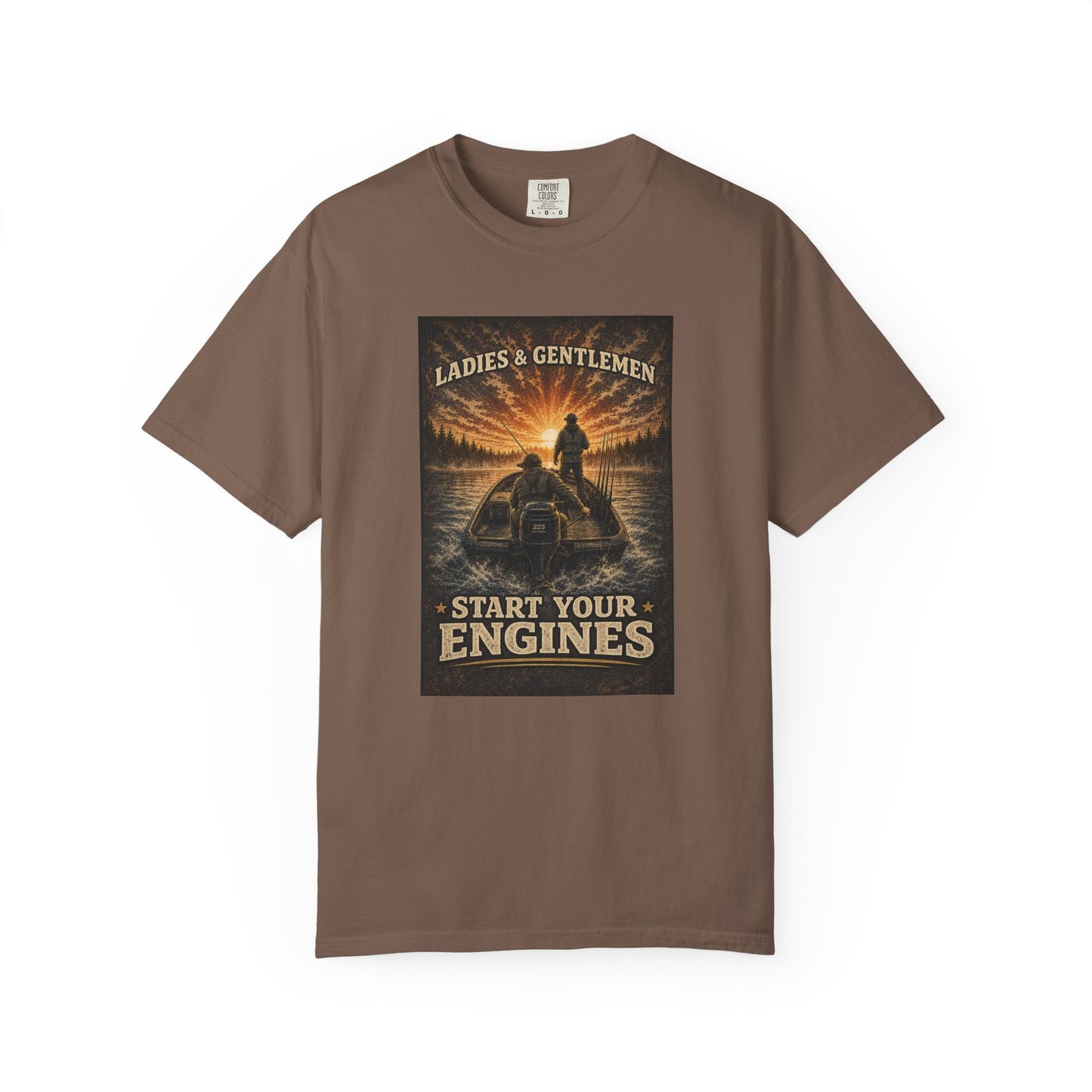 Fishing T-Shirt — "Ladies and Gentlemen, Start Your Engines" Retro Racing Boat Design