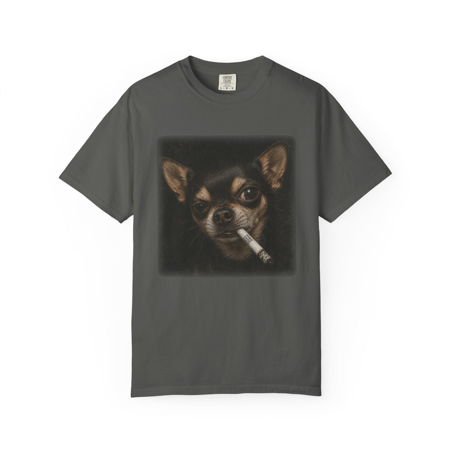 Tough Side-Eye Chihuahua T-Shirt — Distressed Photo Realistic ’Paws Cause Cancer’ Design