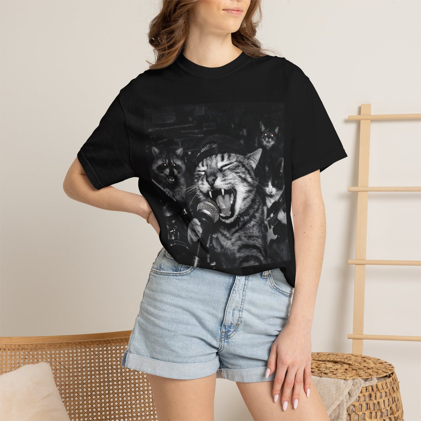 Garage Band Cat T-Shirt – Funny Rock Band Cat Tee – Vintage Punk Animal Shirt – Raccoon & Cat Graphic Tee – Unisex Music Lover Shirt