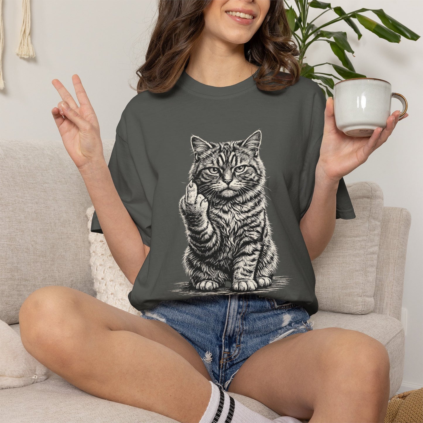 Saucy Cat Giving the Finger T-Shirt