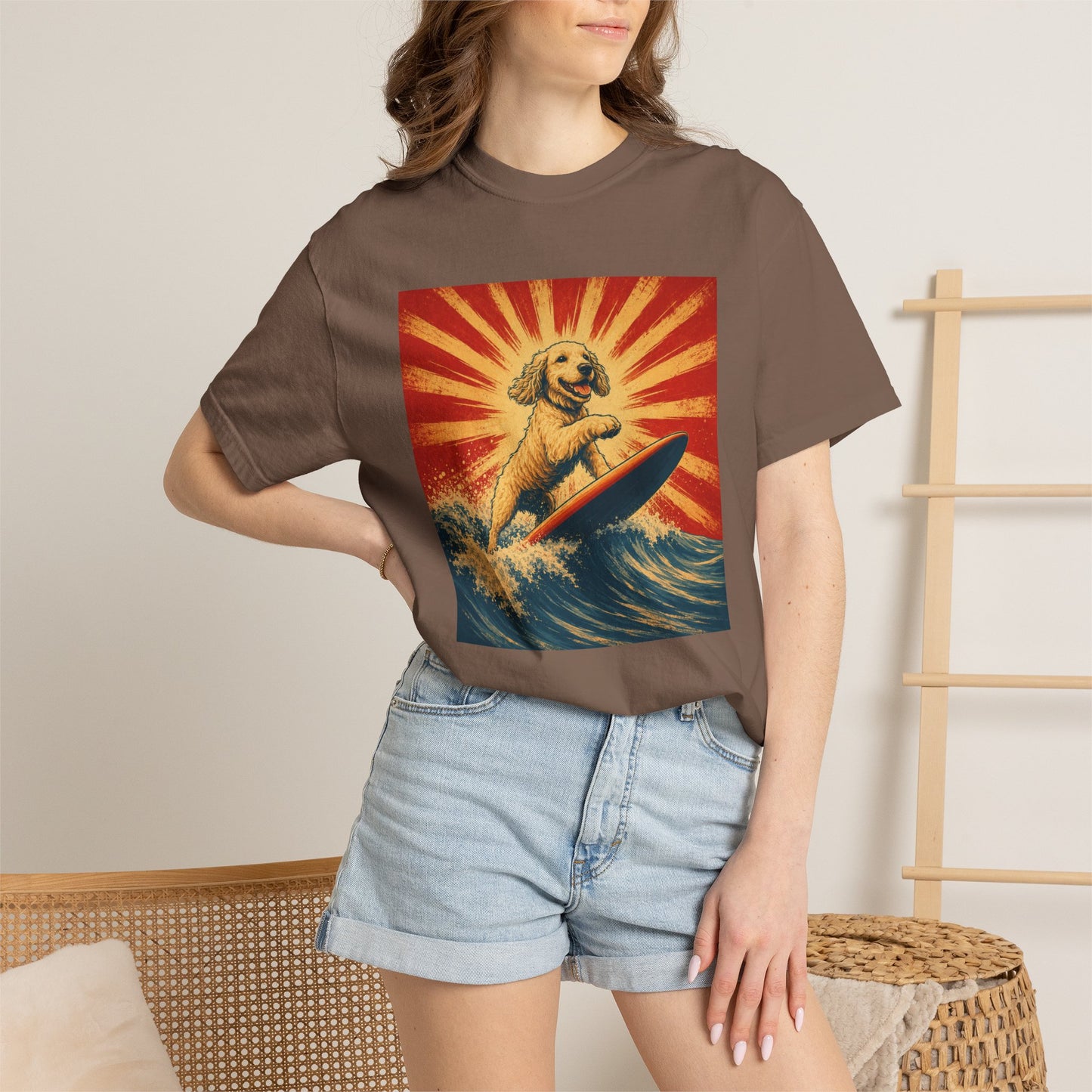 Retro Surfing Doodle Dog T-Shirt | Vintage Beach Dog Graphic Tee | Funny Coastal Summer Shirt