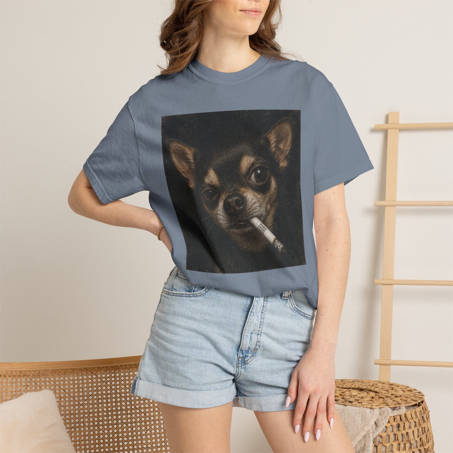 Tough Side-Eye Chihuahua T-Shirt — Distressed Photo Realistic ’Paws Cause Cancer’ Design