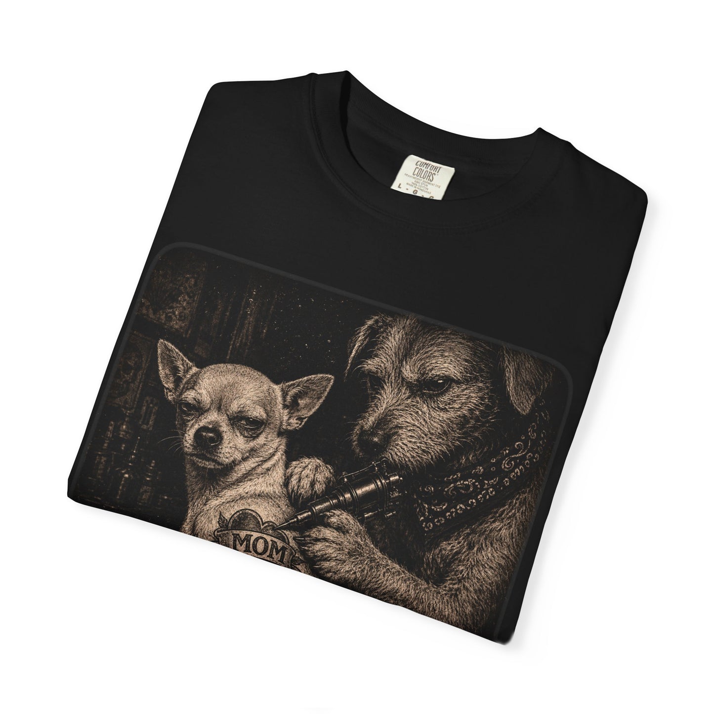 Tattoo Parlor Dogs T-Shirt — 'MOM' Chihuahua Tattoo Night Vibe
