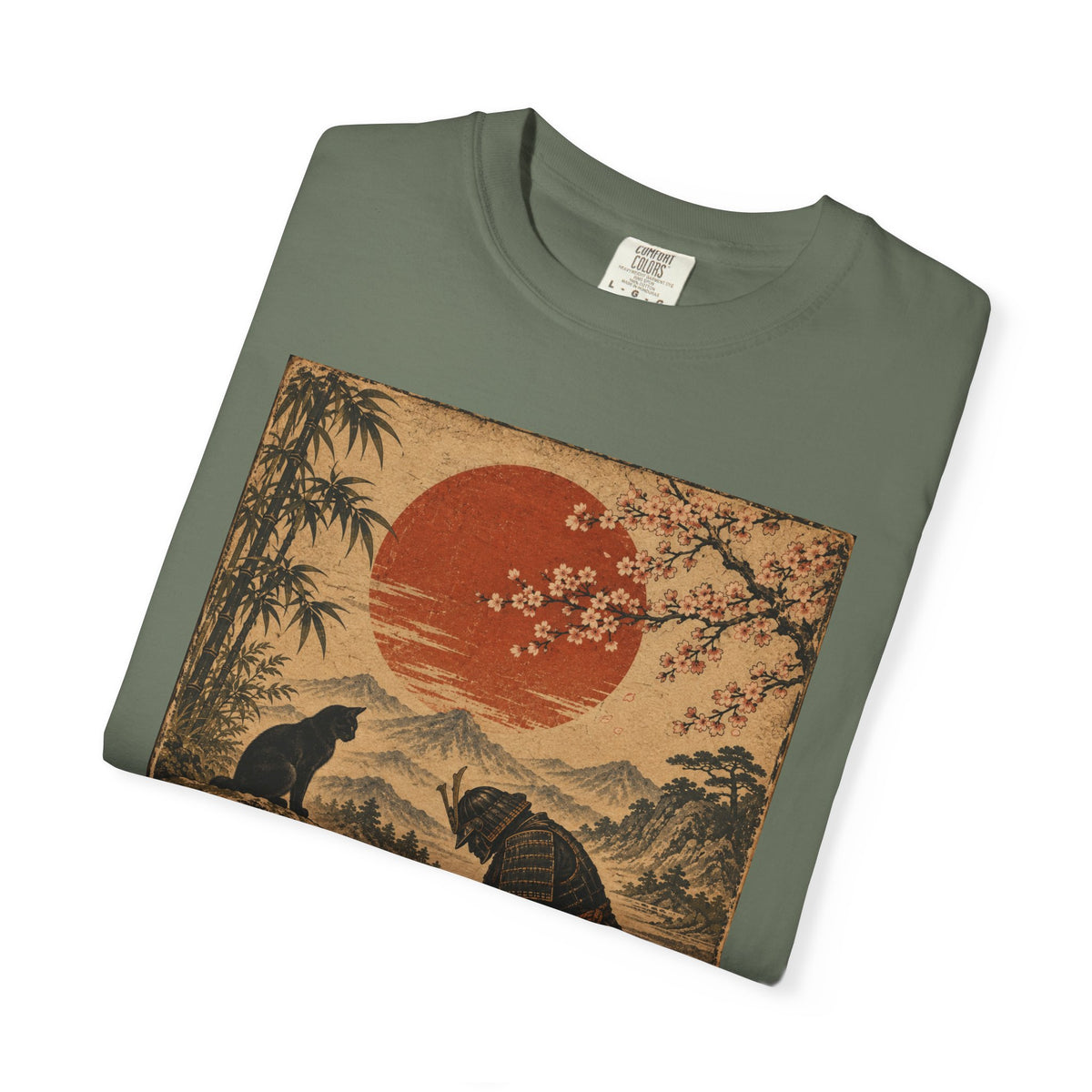 Vintage Japanese-Inspired Samurai & Black Cat Shirt Graphic Tee