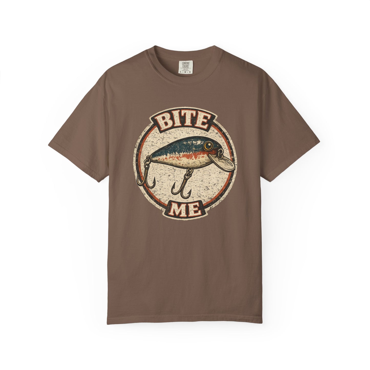 Vintage "Bite Me" Fishing Lure Badge T-Shirt
