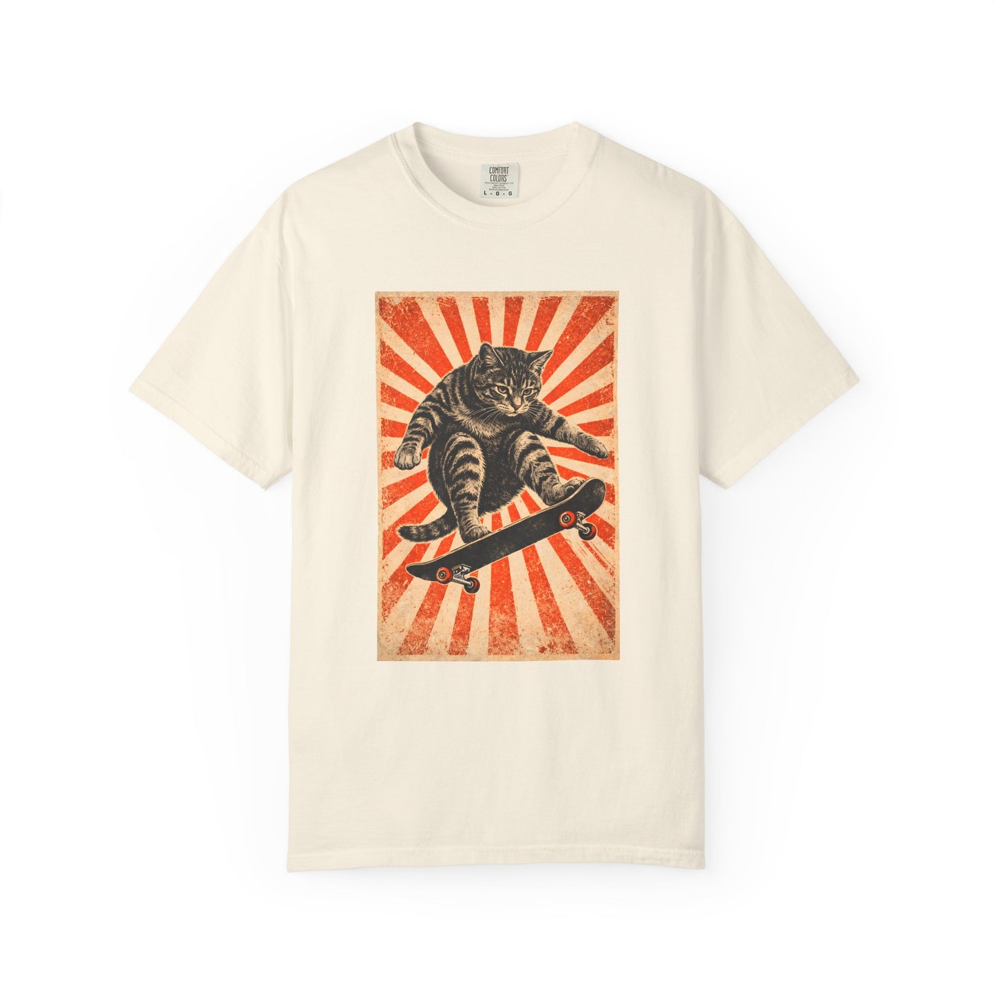 Skateboarding Cat Graphic T-Shirt | Retro Sunburst Skateboard Tee