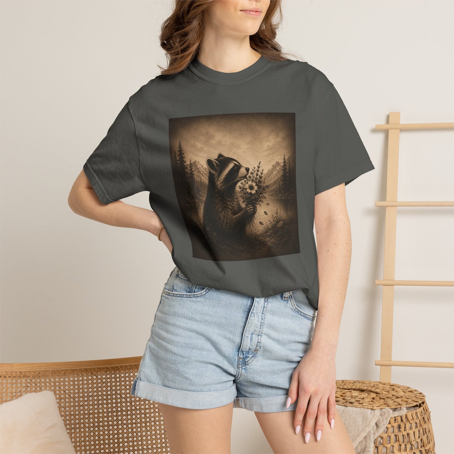 Raccoon with Roses Vintage T-Shirt — Moody Distressed Art