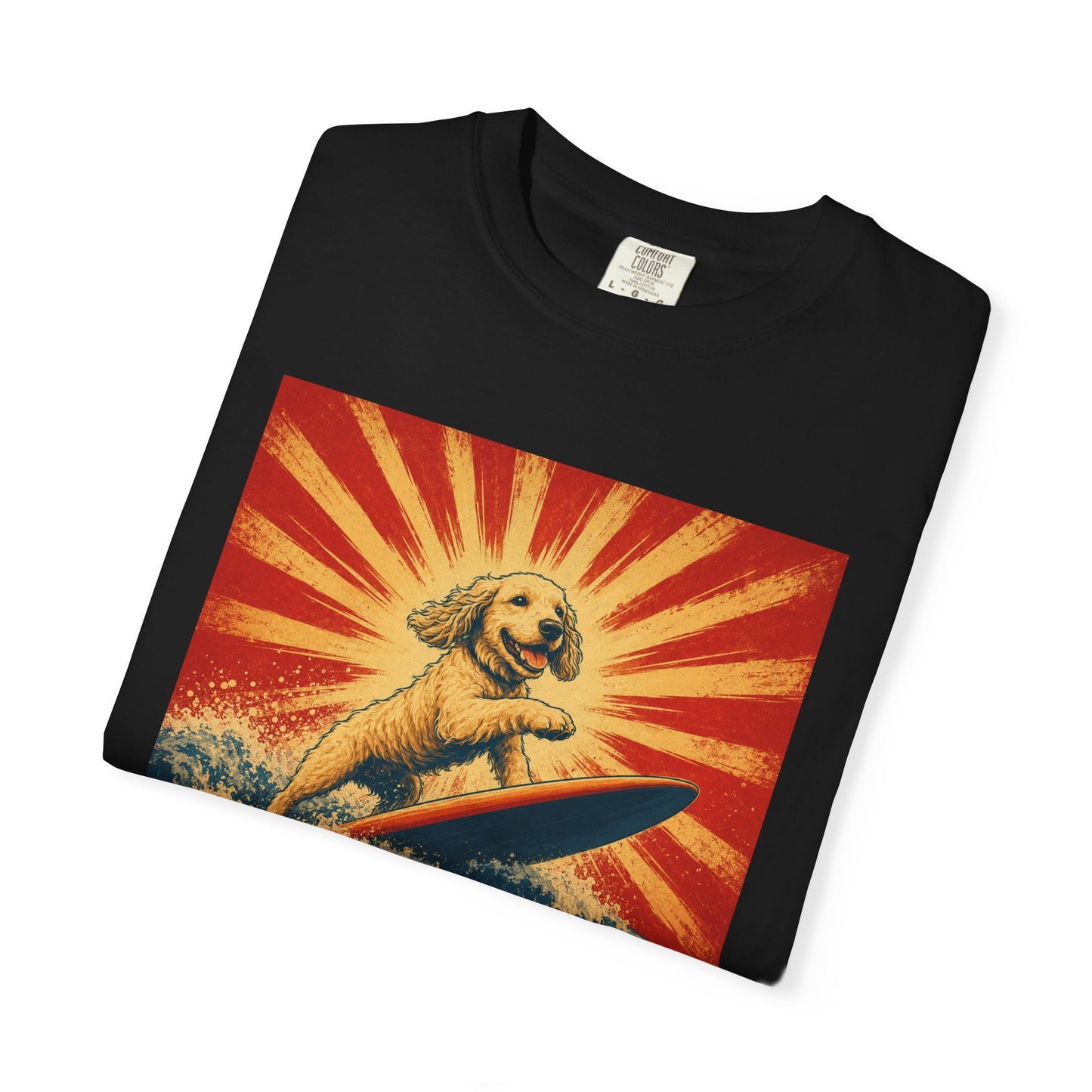 Retro Surfing Doodle Dog T-Shirt | Vintage Beach Dog Graphic Tee | Funny Coastal Summer Shirt