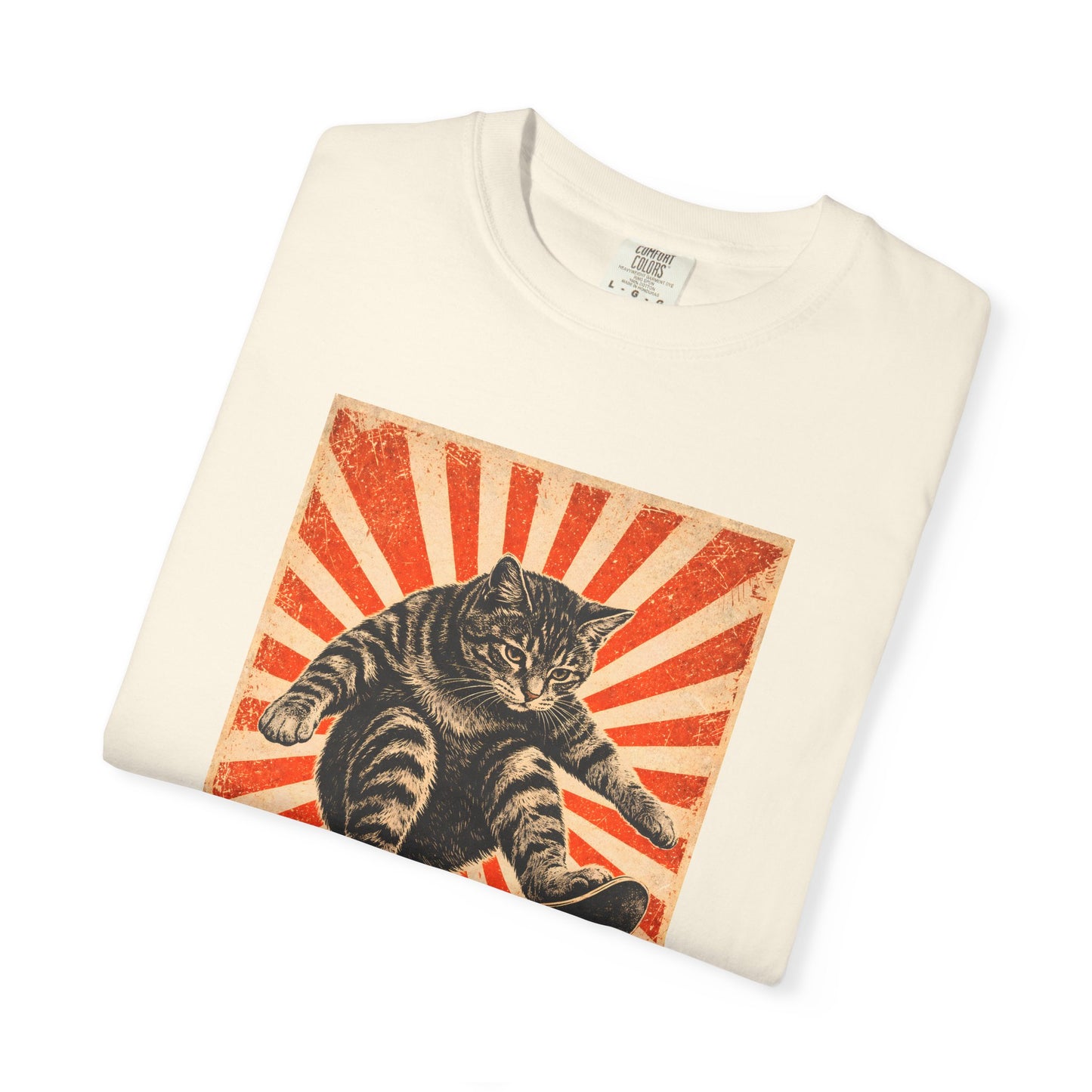 Skateboarding Cat Graphic T-Shirt | Retro Sunburst Skateboard Tee