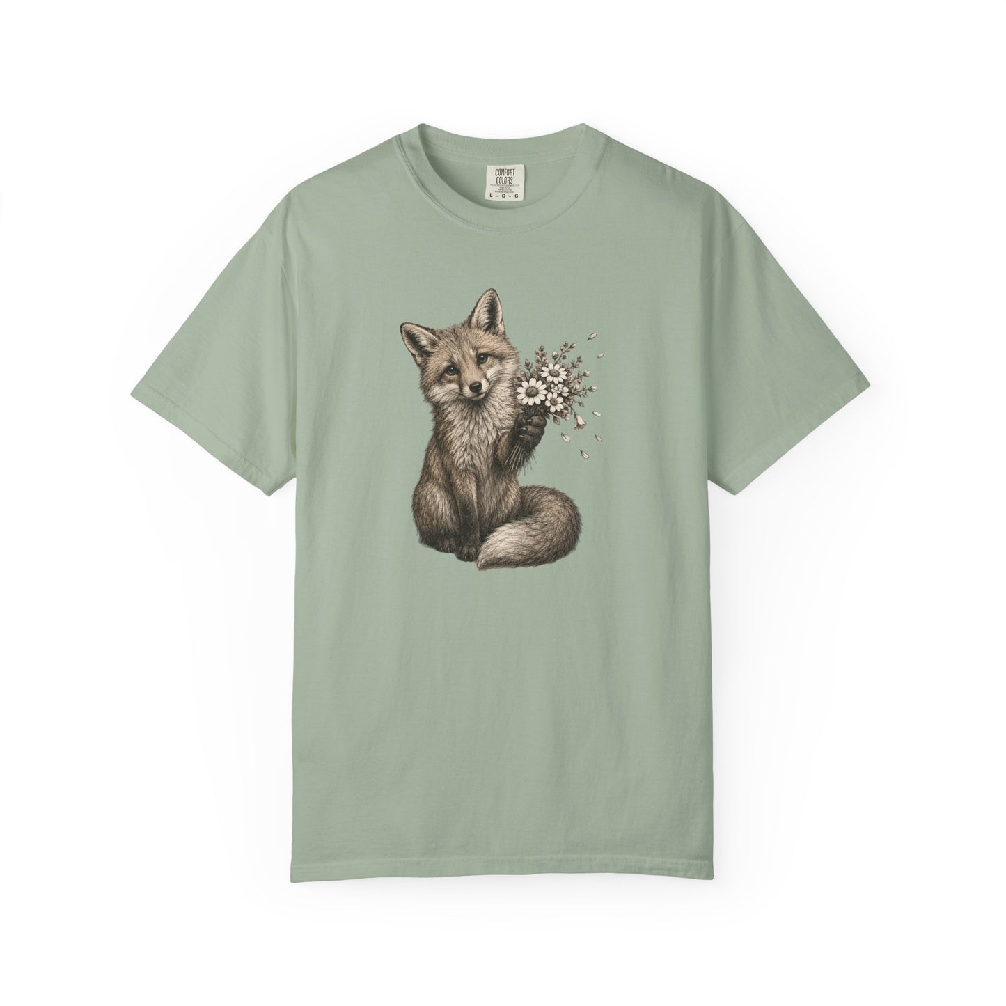 Cute Fox Holding Wildflower Bouquet T-Shirt — Gift, Nature Lover Tee, Woodland Animal Graphic Tee