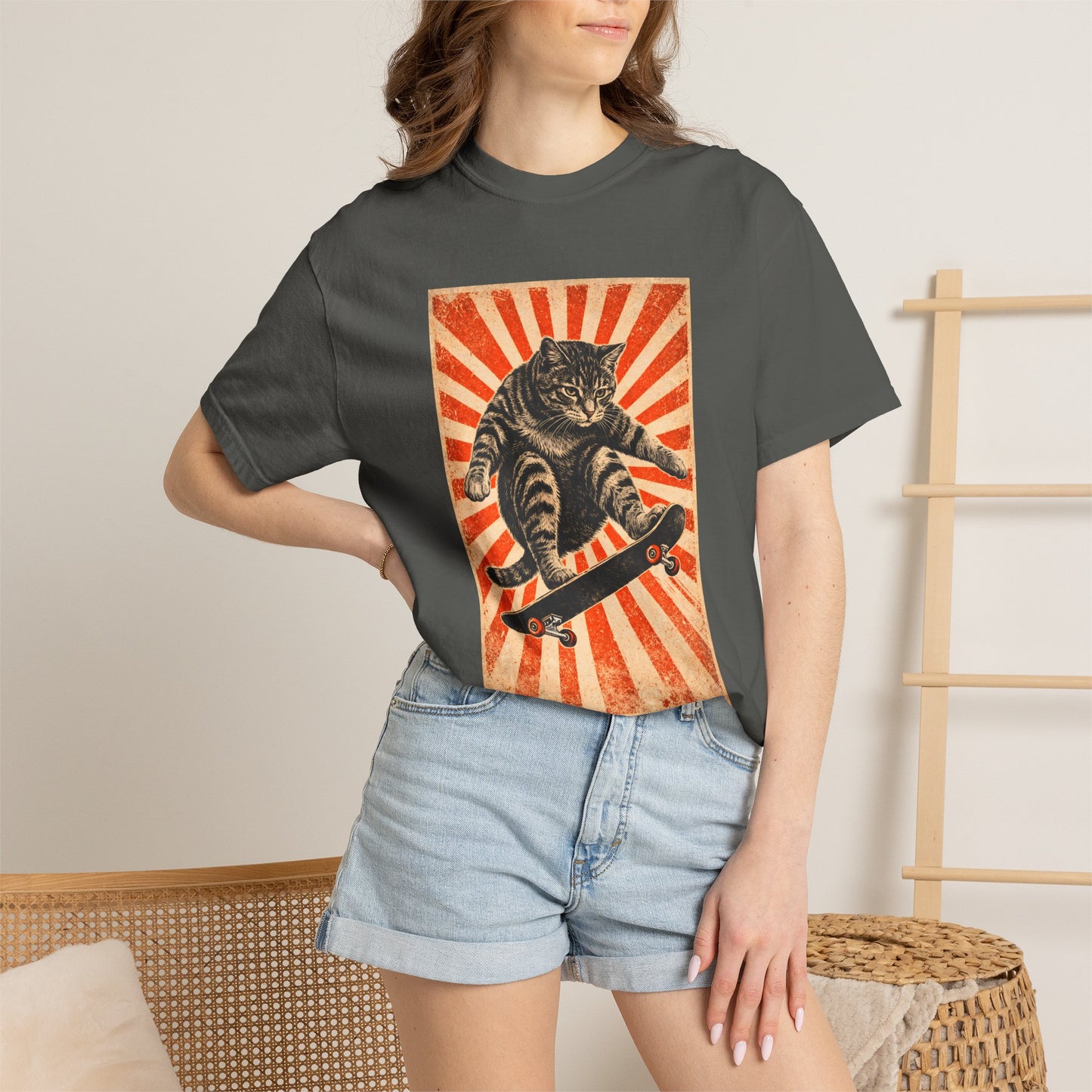 Skateboarding Cat Graphic T-Shirt | Retro Sunburst Skateboard Tee