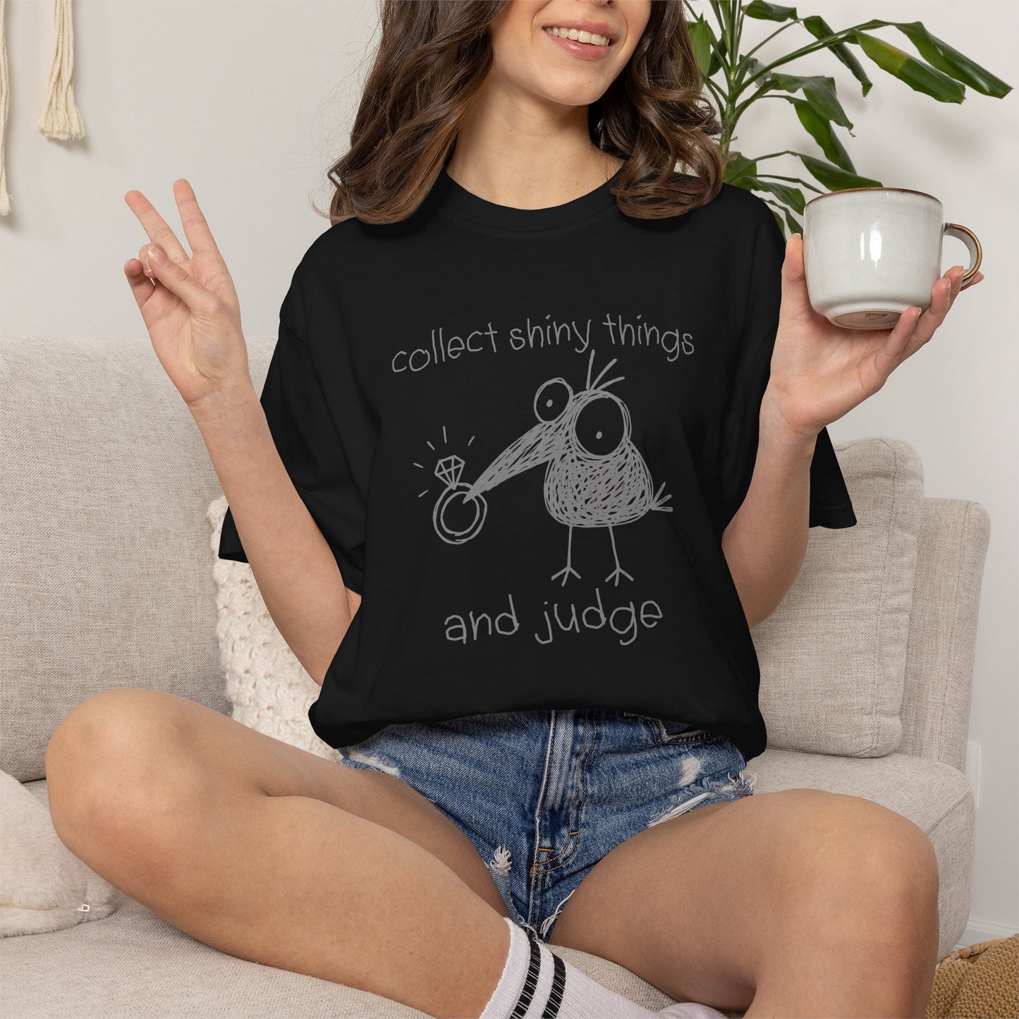 Collect Shiny Things and Judge Shirt | Funny Crow Shirt | Introvert Humor Tee | Weird Bird Graphic Shirt