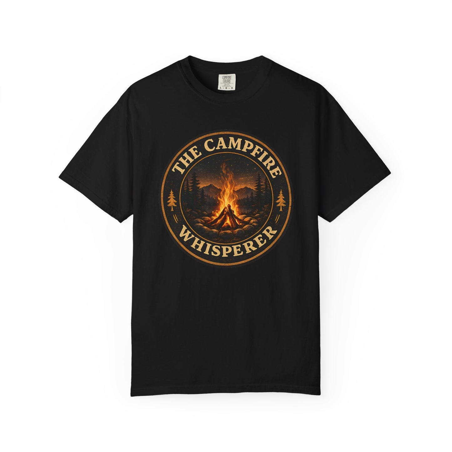 Campfire Whisperer T-Shirt — Retro Outdoor Camping Badge Tee