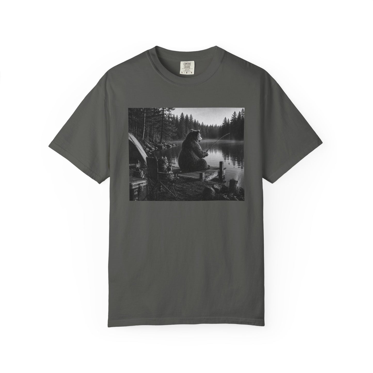Campground Bear & Cat Fishing T-Shirt — Daytime Camping Scene, 'Coffee & Catch'