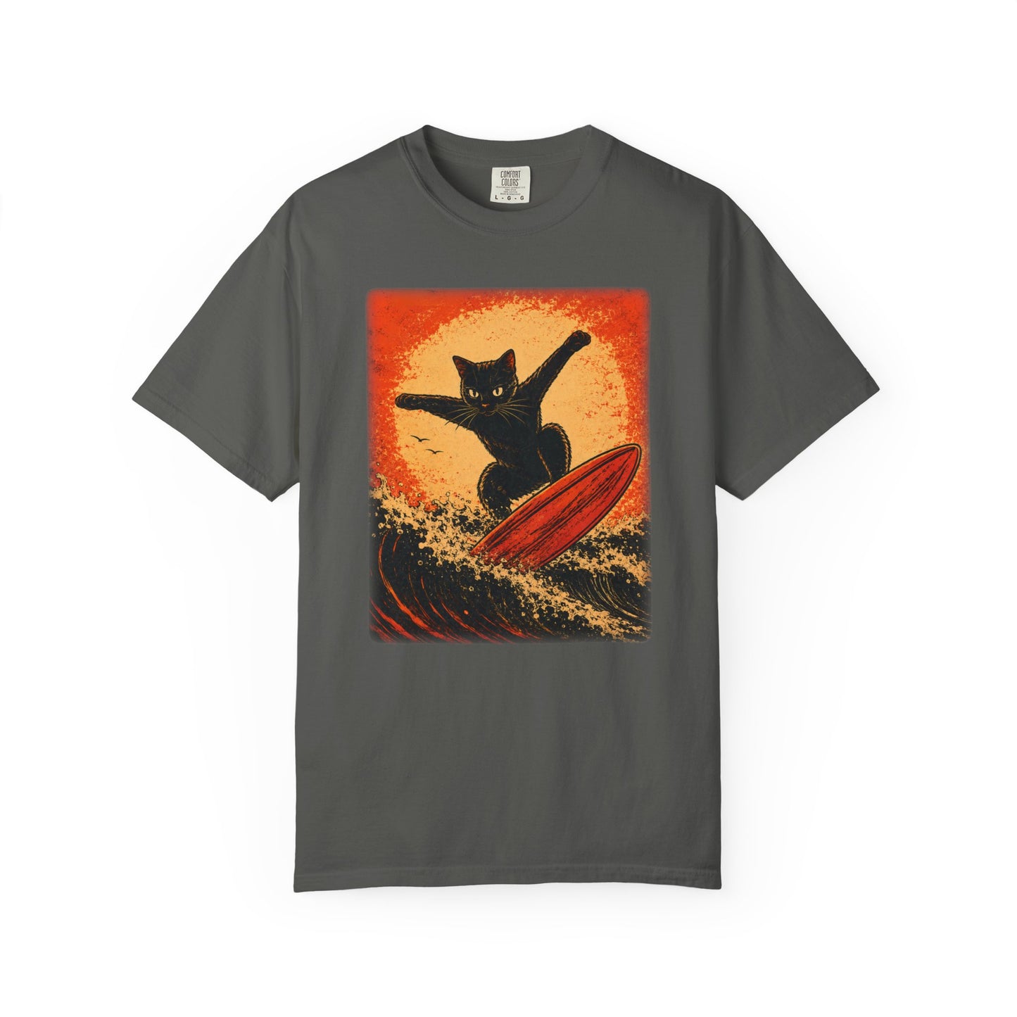 Retro Black Cat Surfing T-Shirt — Vintage Surf Poster Tee