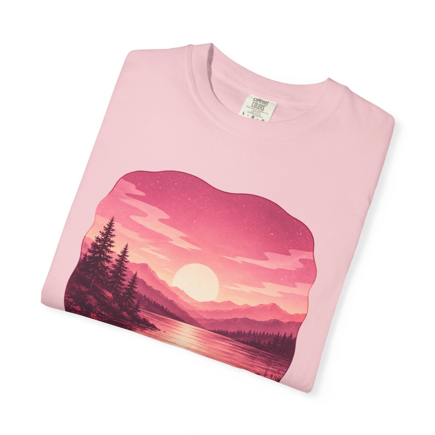 Feminine Lakescape Sunset T-shirt — Pink Outdoor Hiking & Camping Tee