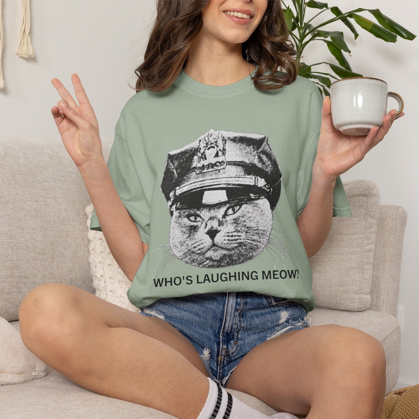 Who's Laughing Meow? Funny Cat Police Shirt | Vintage Grumpy Cat Graphic Tee | Comfort Colors® T-Shirt