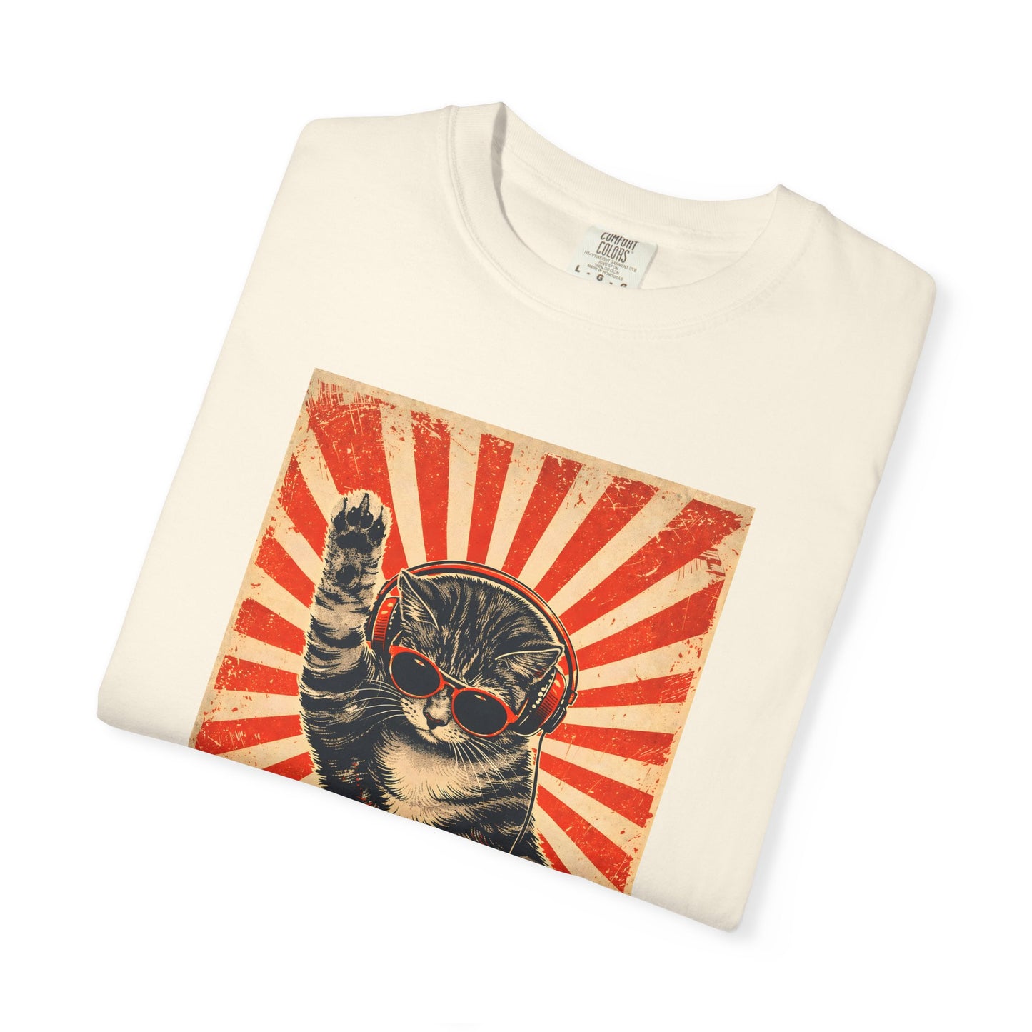 Retro DJ Cat T-Shirt — Vintage Sunburst Distressed Poster Design