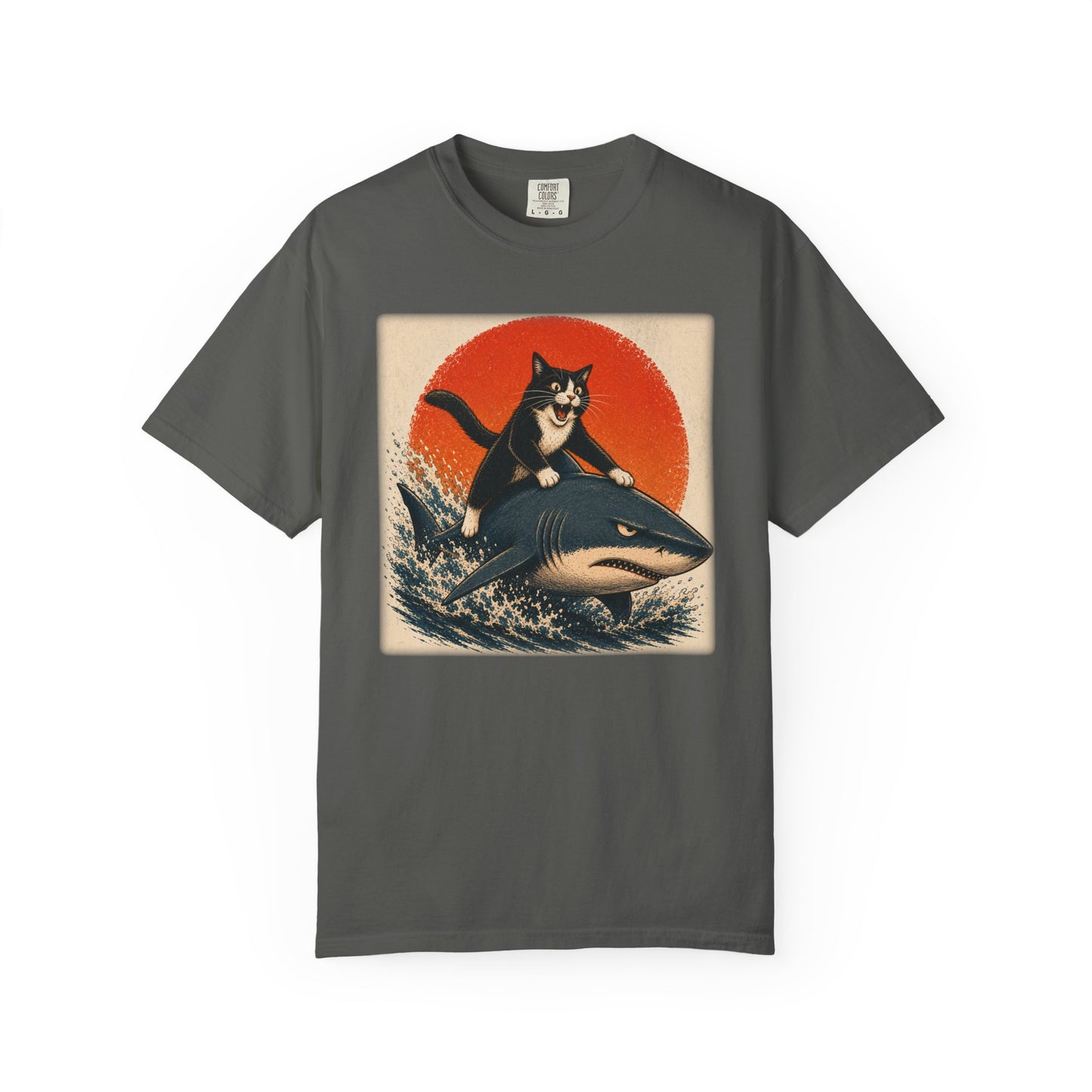 Retro Distressed Cat Riding Shark T-Shirt — Vintage Joyful Cat Surf Design