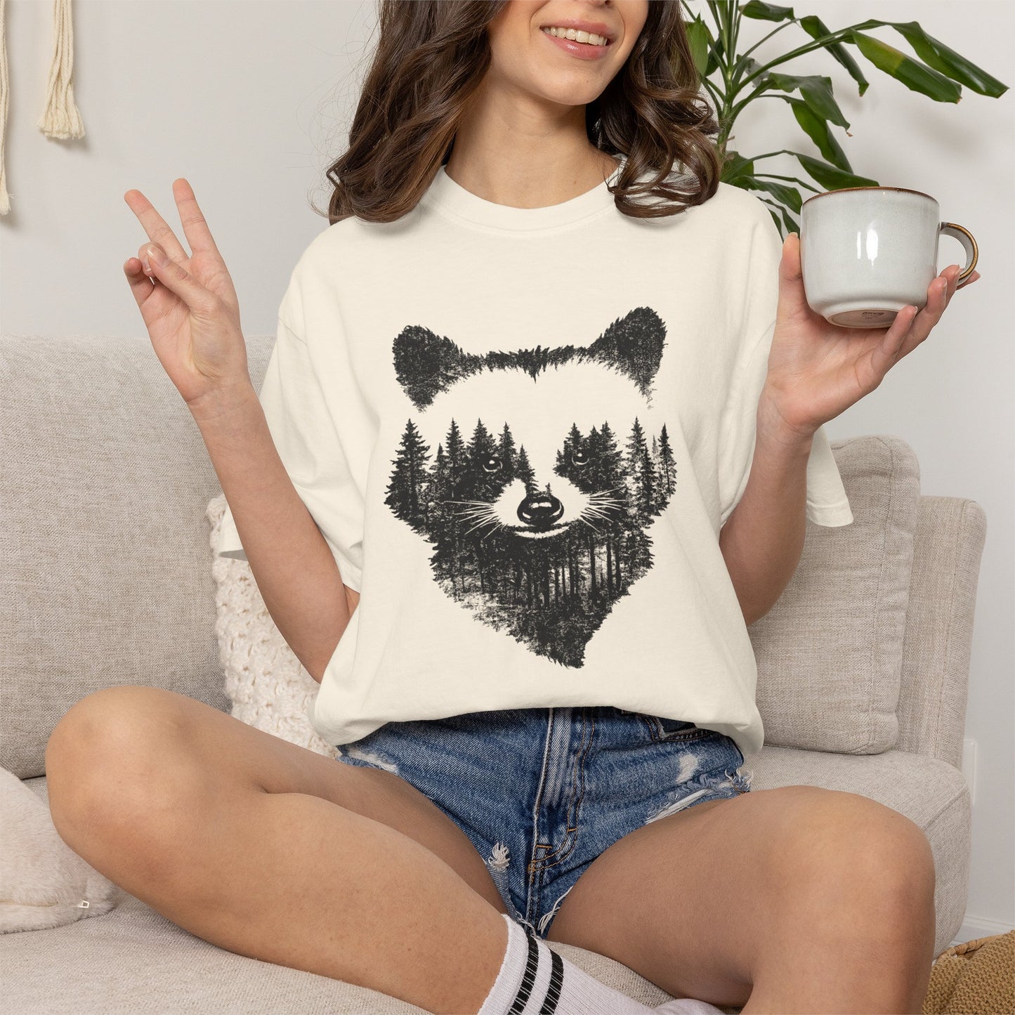 Woodland Raccoon Silhouette T-Shirt, Forest Wildlife Graphic Vintage Nature Tee
