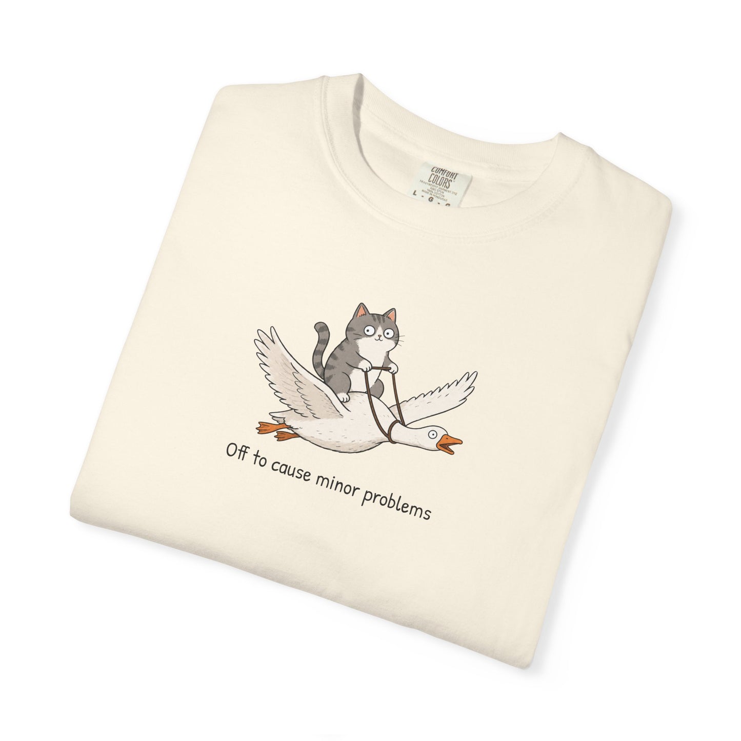 Off to Cause Minor Problems Shirt | Funny Cat Riding Goose Graphic Tee | Cute Comfort Colors® T-Shirt