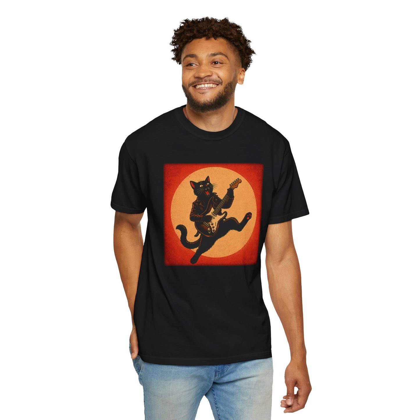 Retro Distressed Black Cat Rocker T-Shirt — Jumping Guitar Vintage Tee