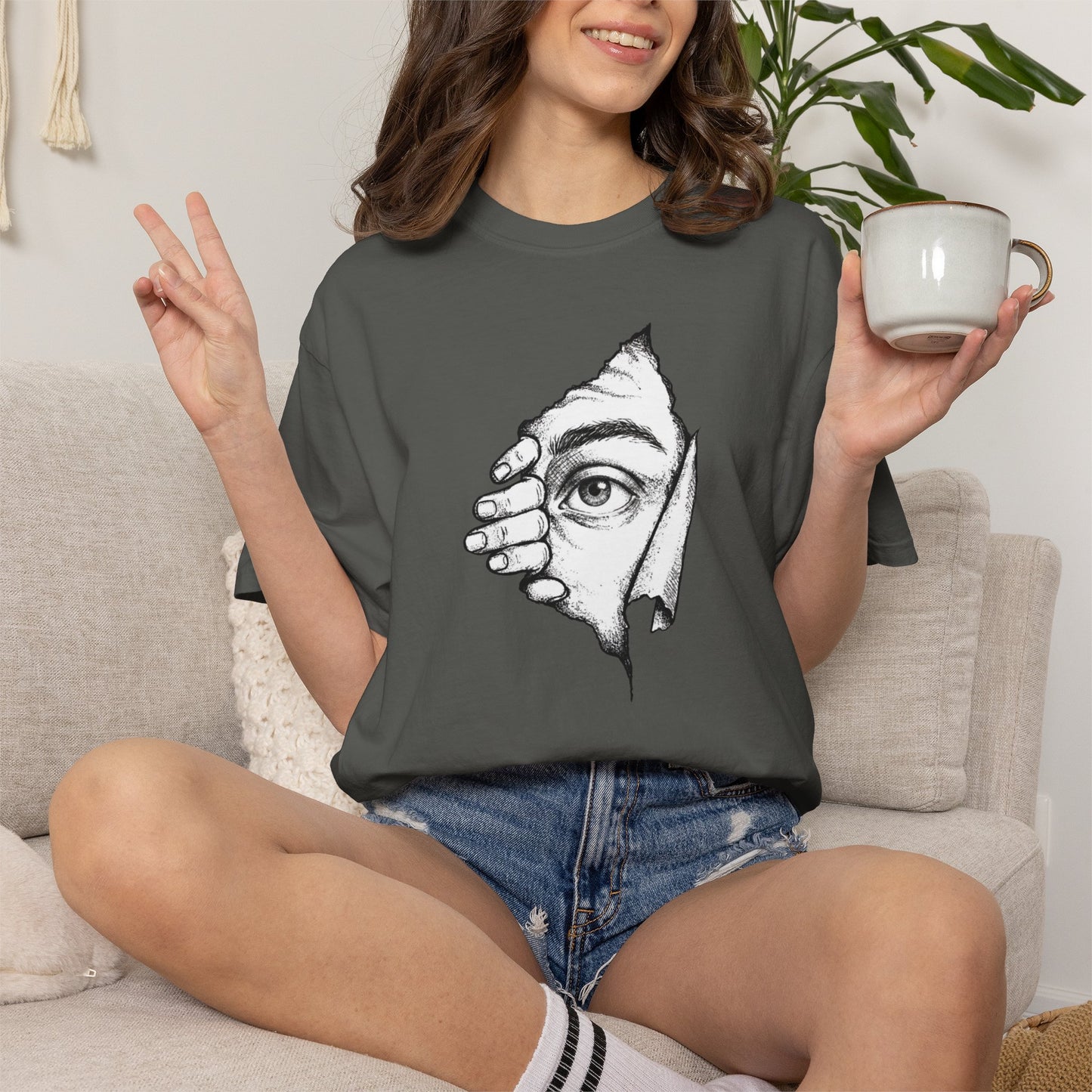 Peekaboo Curious Eye Graphic Peeking Eye Tee, Minimalist Black & White Art Shirt