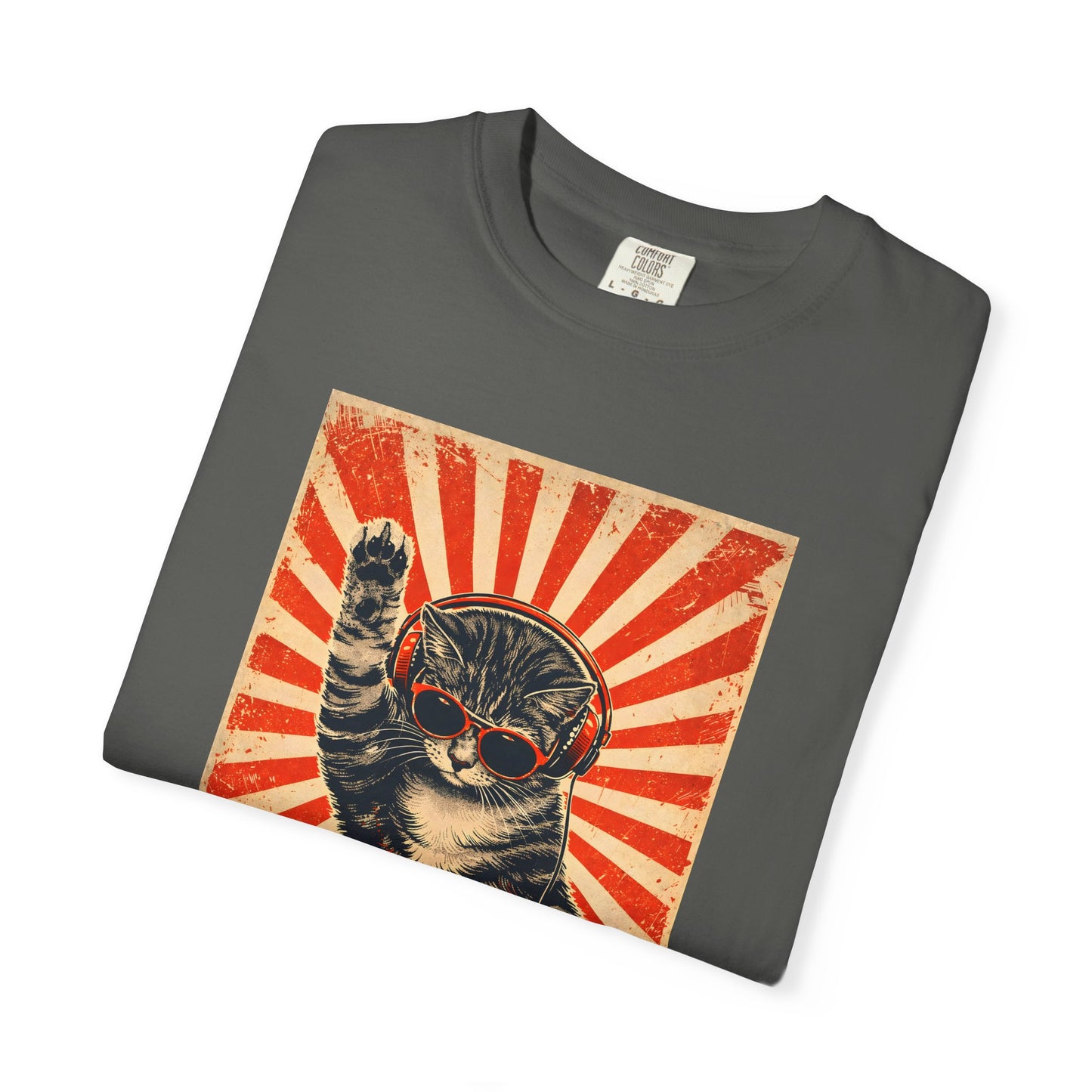 Retro DJ Cat T-Shirt — Vintage Sunburst Distressed Poster Design