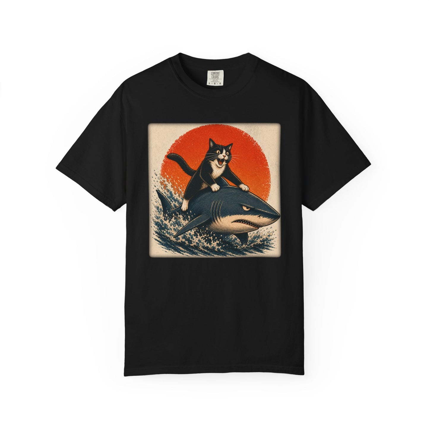 Retro Distressed Cat Riding Shark T-Shirt — Vintage Joyful Cat Surf Design