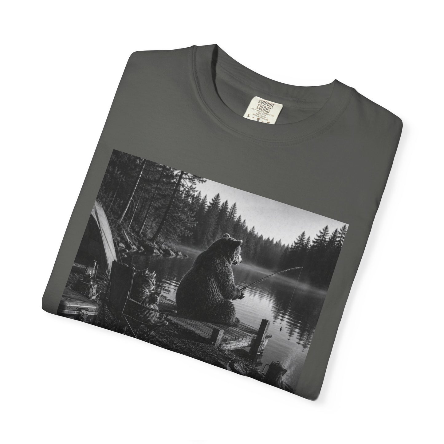 Campground Bear & Cat Fishing T-Shirt — Daytime Camping Scene, 'Coffee & Catch'